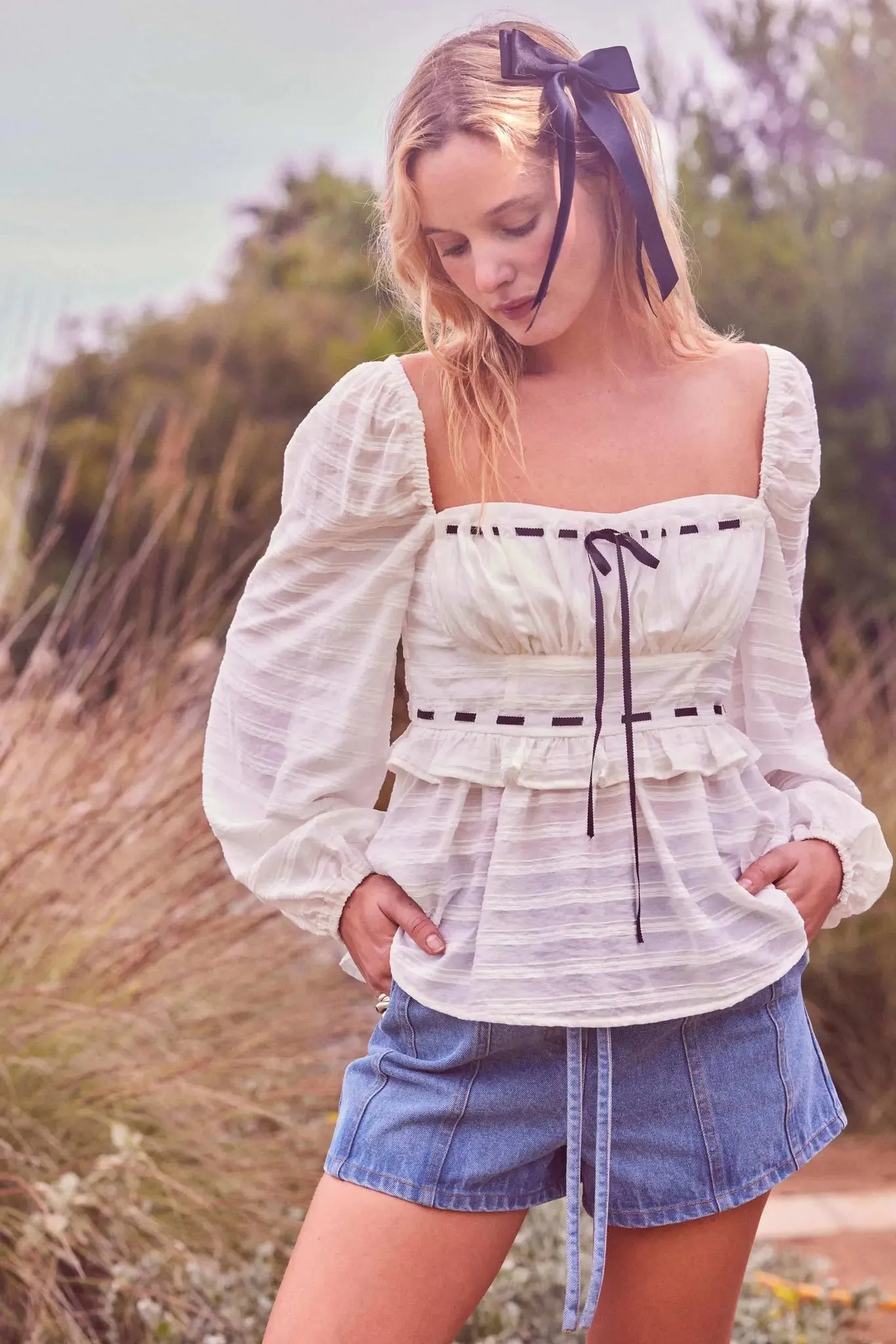 Sweet Infatuation Striped Ribbon-Trim Peasant Top sold by Promesa product image thumbnail 3