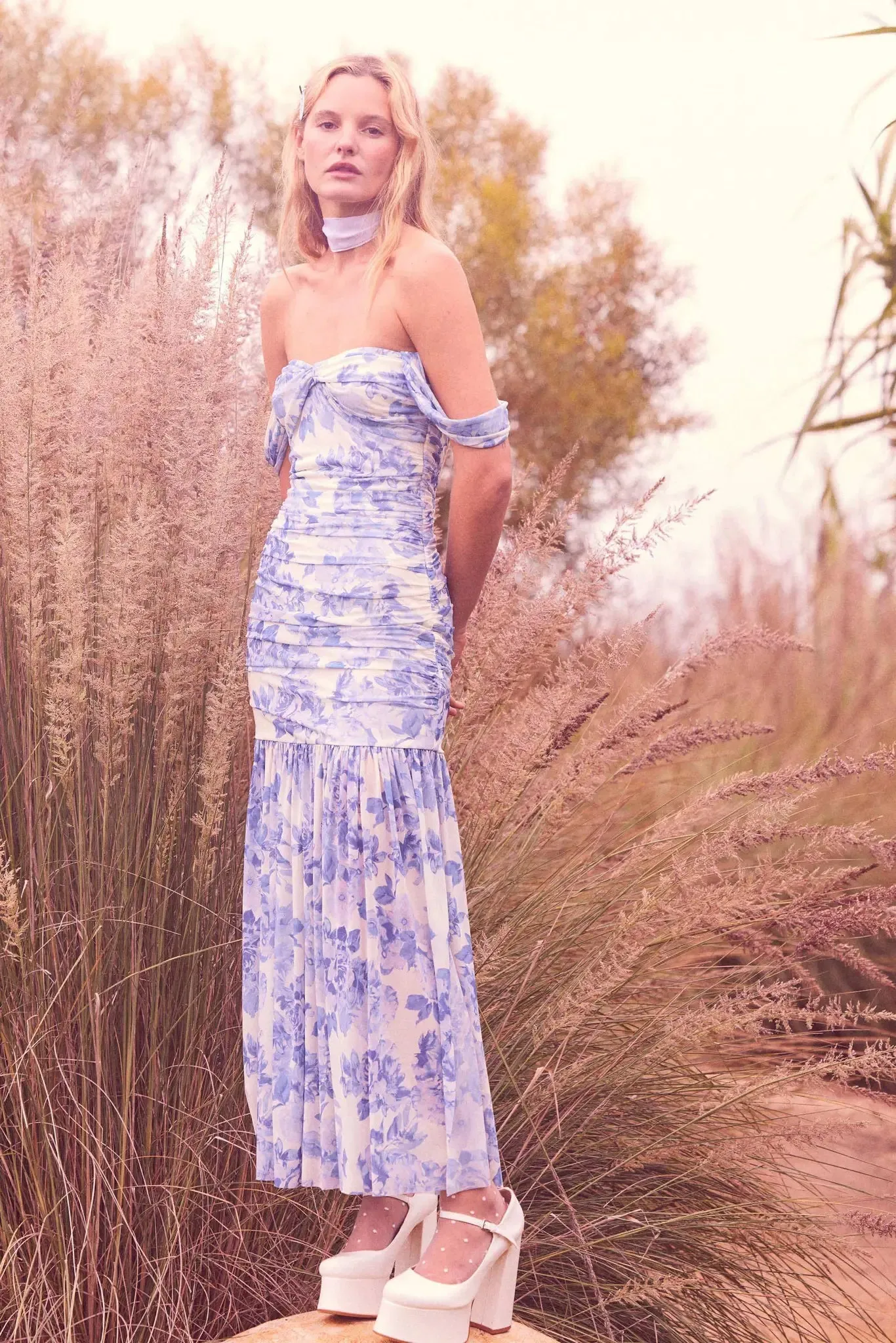 Dewy Dreams Floral Mesh Off-Shoulder Maxi Dress sold by Promesa