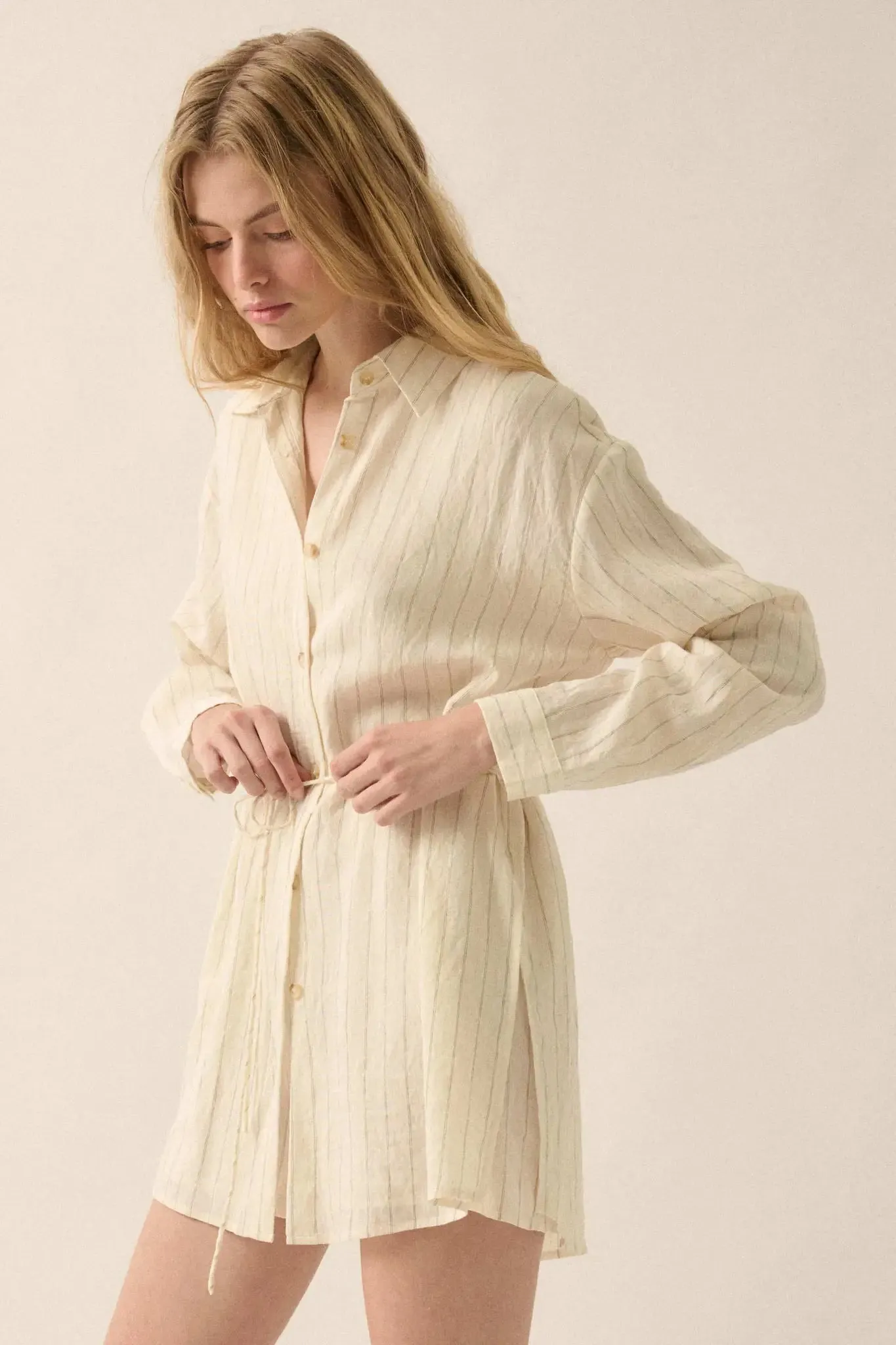 Line Item Pinstripe Belted Button-Up Shirt Romper sold by Promesa