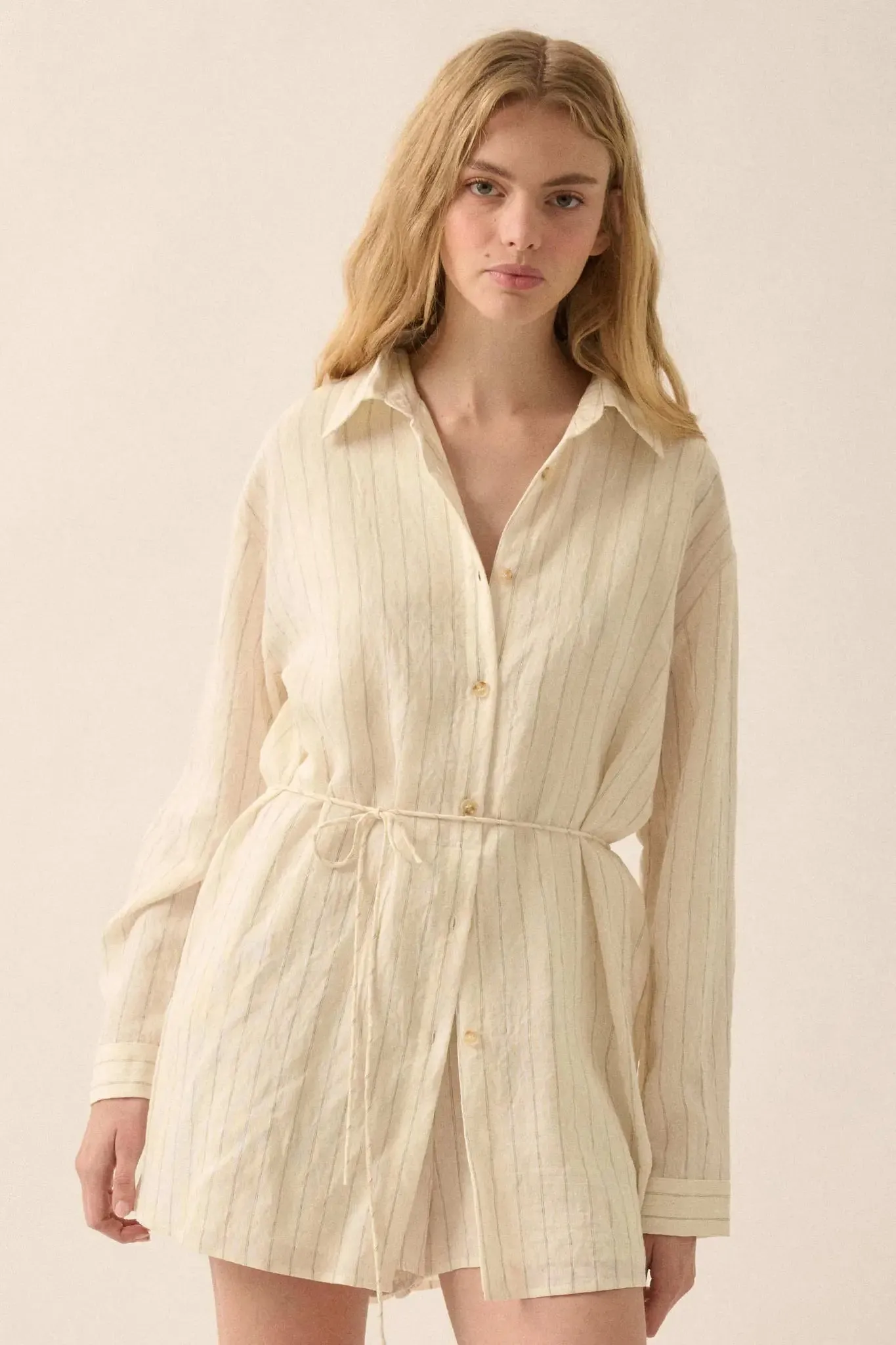 Line Item Pinstripe Belted Button-Up Shirt Romper sold by Promesa product image thumbnail 3