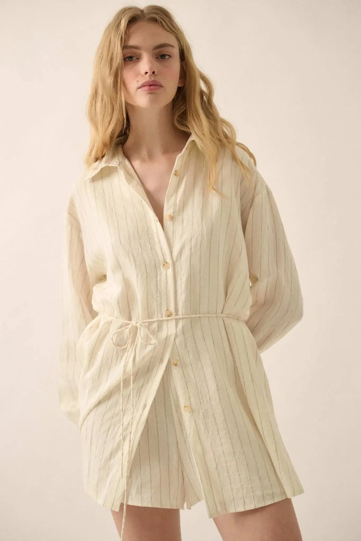 Line Item Pinstripe Belted Button-Up Shirt Romper sold by Promesa product image thumbnail 5