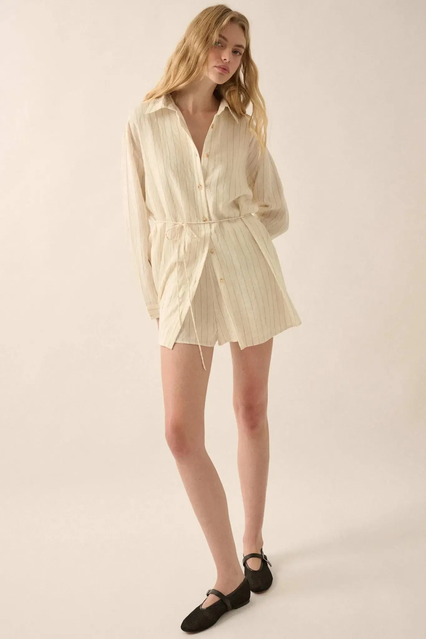 Line Item Pinstripe Belted Button-Up Shirt Romper sold by Promesa product image thumbnail 4
