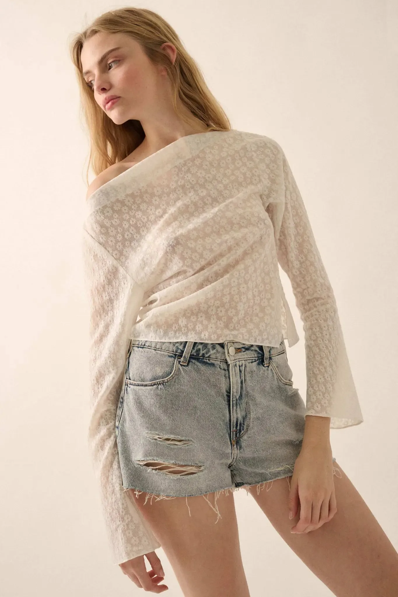 Delicate Petals Sheer Floral Jacquard Boatneck Top sold by Promesa product image thumbnail 5