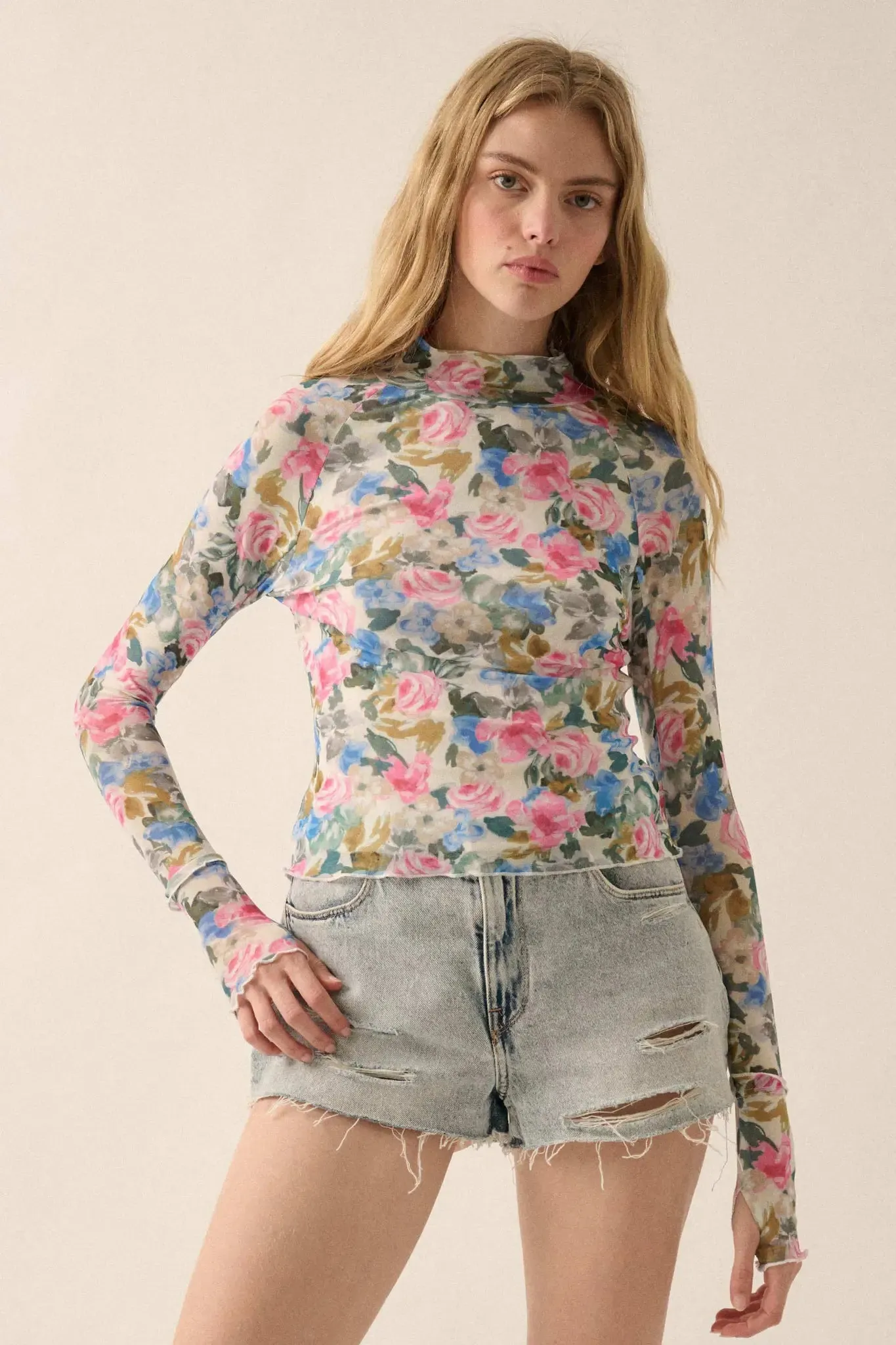 Fresh Picked Floral Mesh Mock-Neck Thumbhole Top sold by Promesa product image thumbnail 5