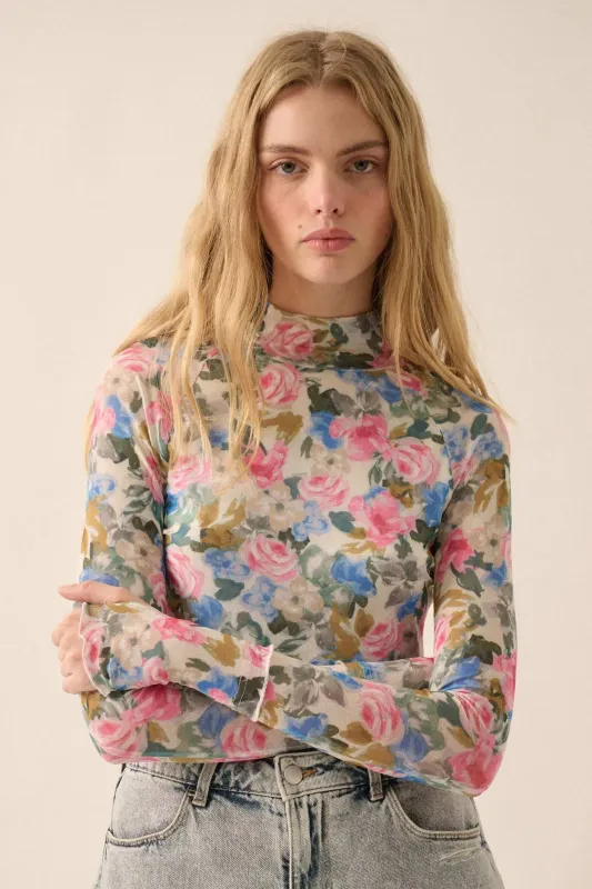 Fresh Picked Floral Mesh Mock-Neck Thumbhole Top sold by Promesa