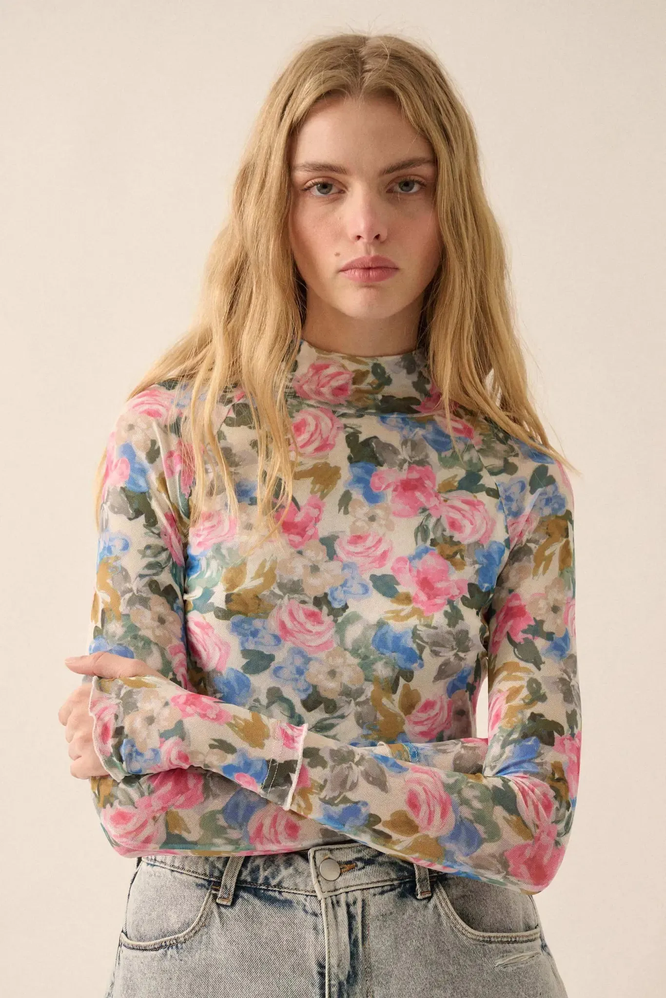 Fresh Picked Floral Mesh Mock-Neck Thumbhole Top sold by Promesa