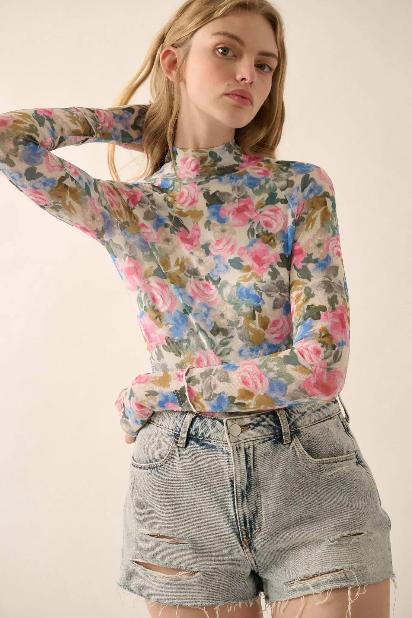 Fresh Picked Floral Mesh Mock-Neck Thumbhole Top sold by Promesa product image thumbnail 3