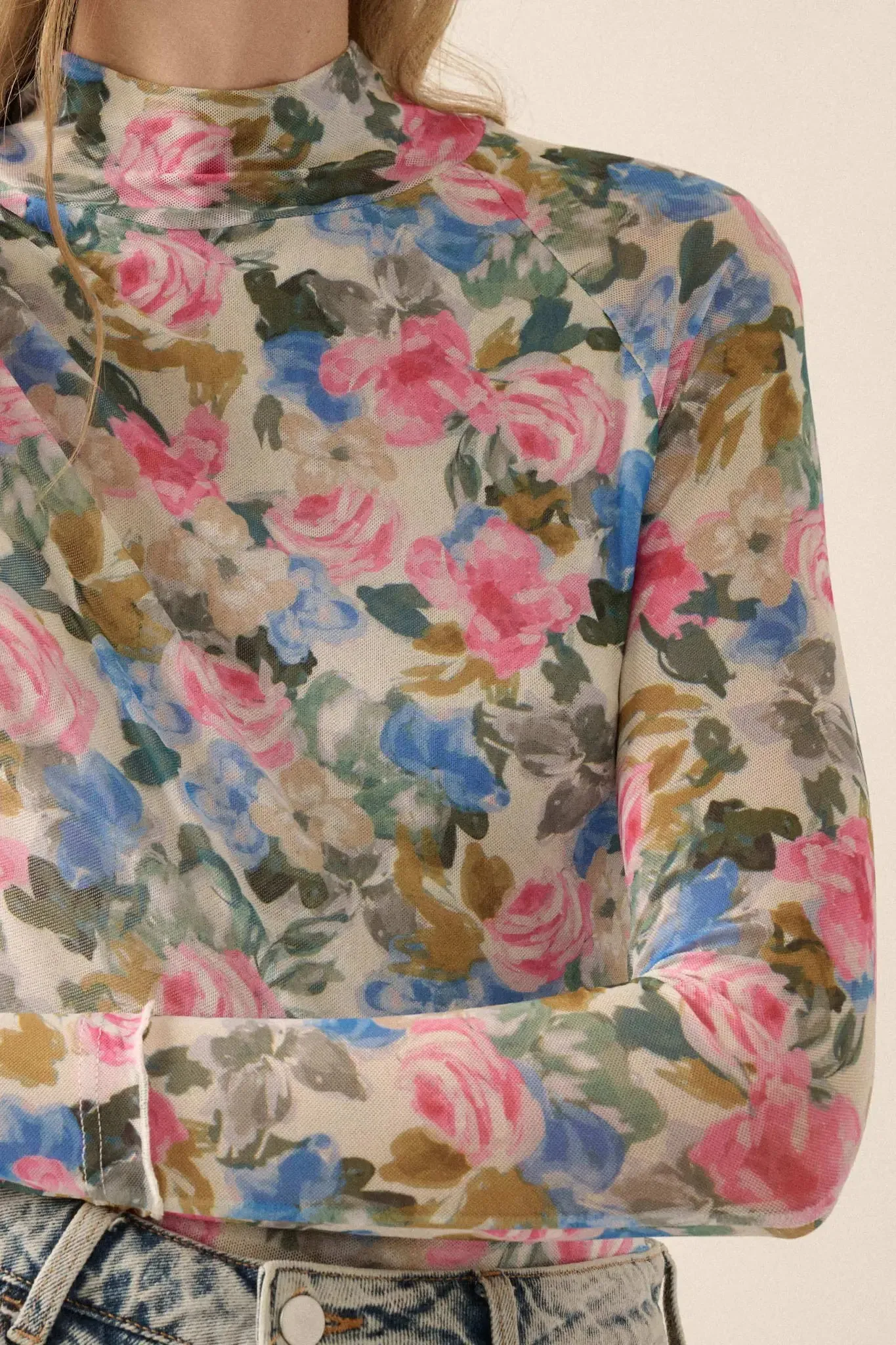 Fresh Picked Floral Mesh Mock-Neck Thumbhole Top sold by Promesa product image thumbnail 2