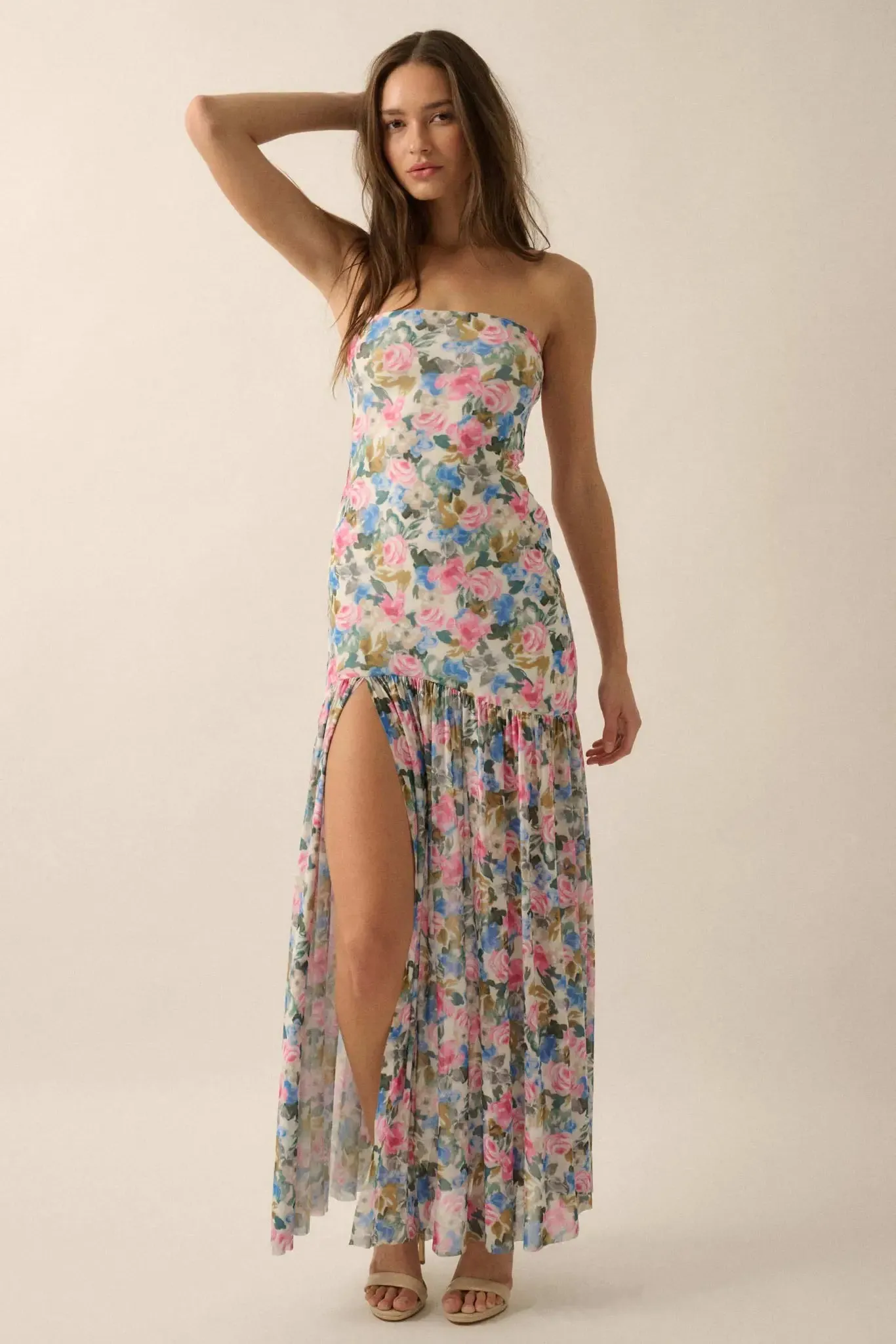 Fresh Petals Strapless Floral Mesh Maxi Dress sold by Promesa product image thumbnail 3