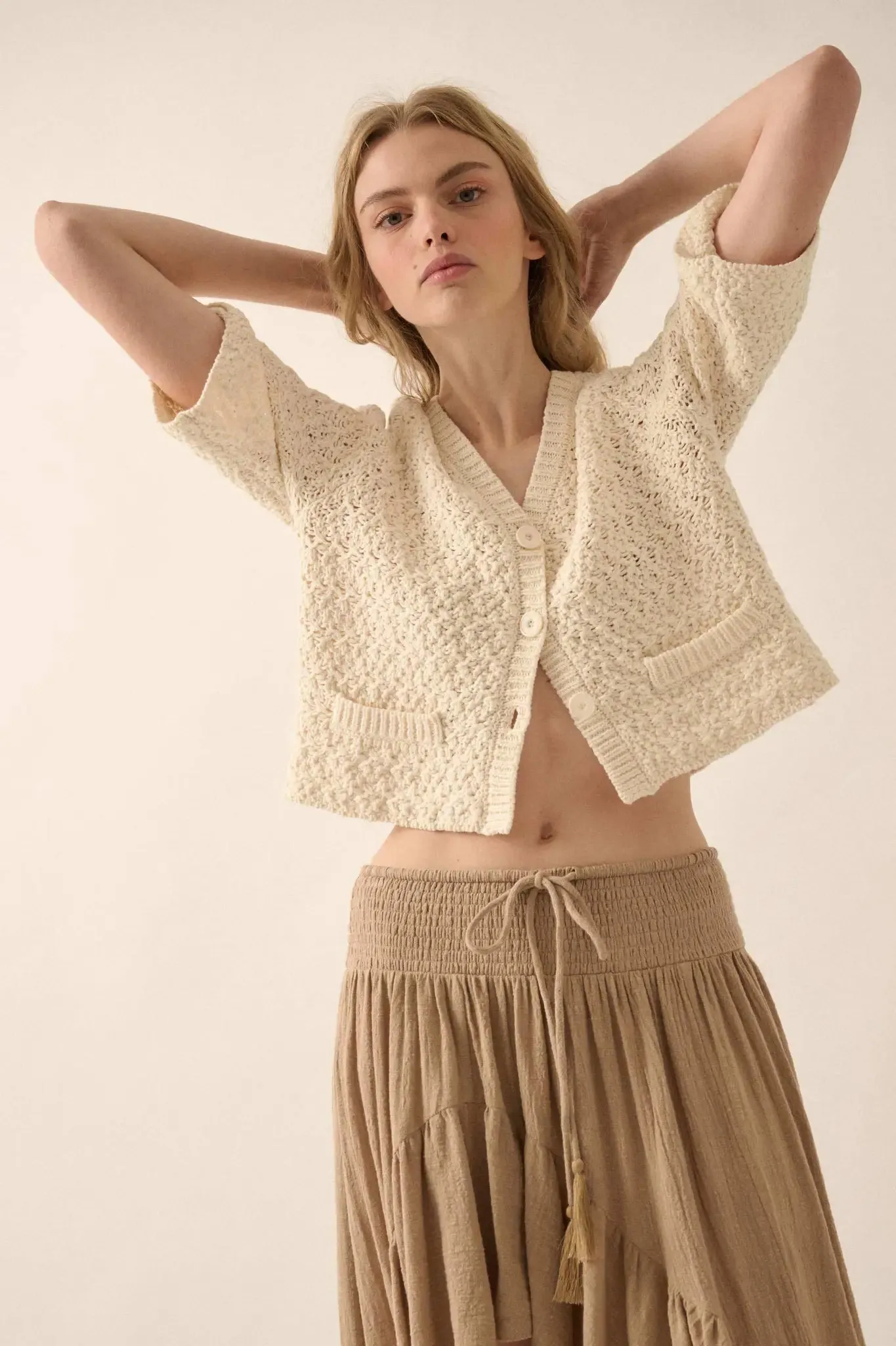 Take Your Time Open-Knit Short-Sleeve Cardigan sold by Promesa
