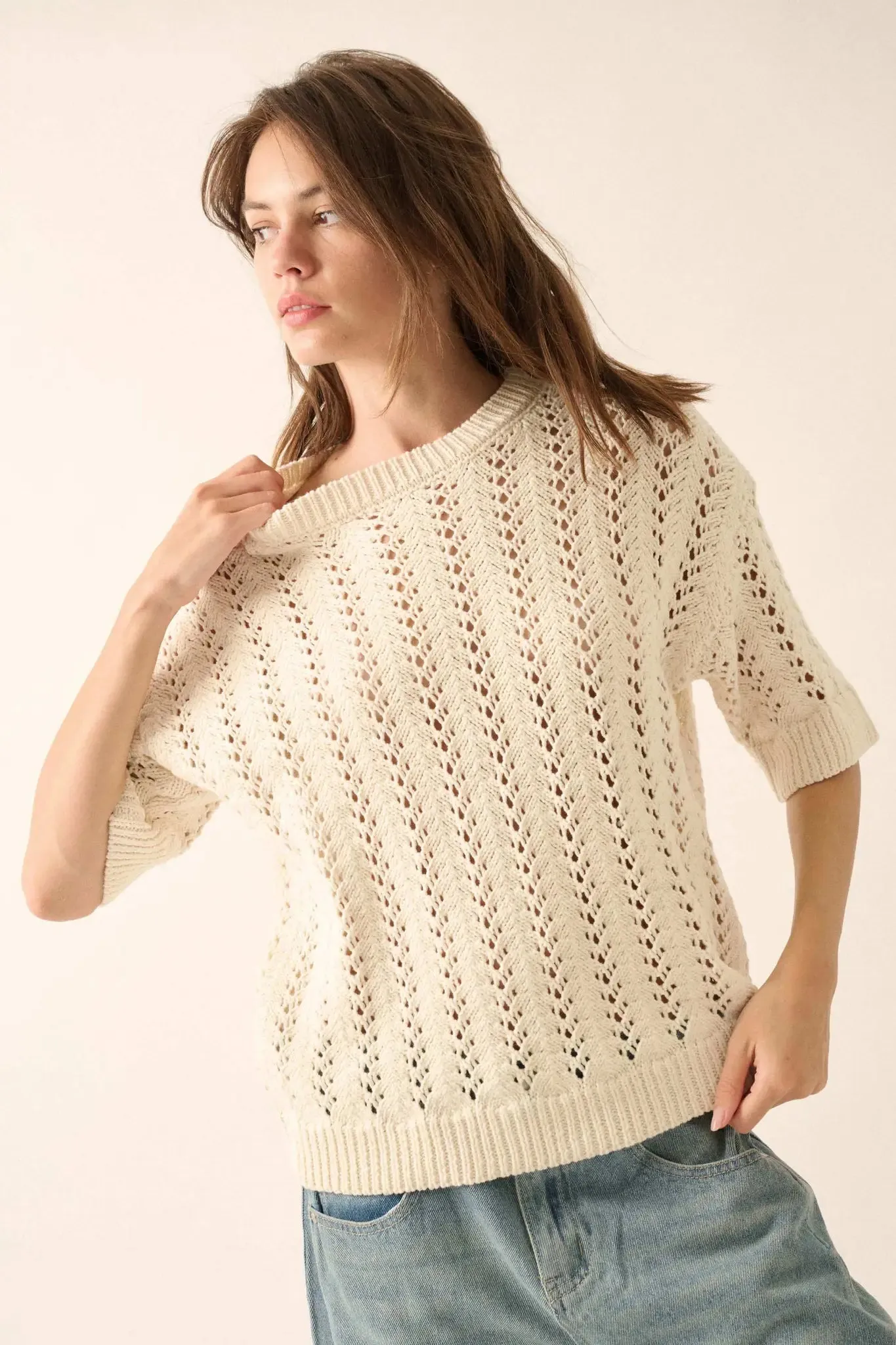 Don't Let Go Open-Knit Short-Sleeve Sweater sold by Promesa