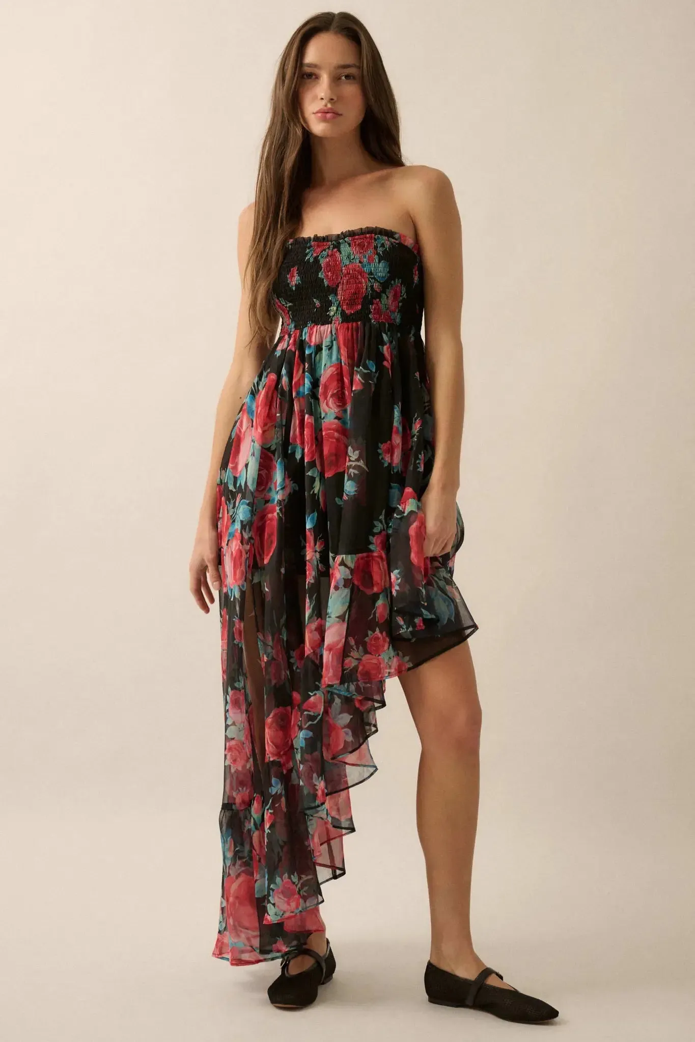 Rose Bouquet Strapless Asymmetrical Floral Dress sold by Promesa product image thumbnail 3