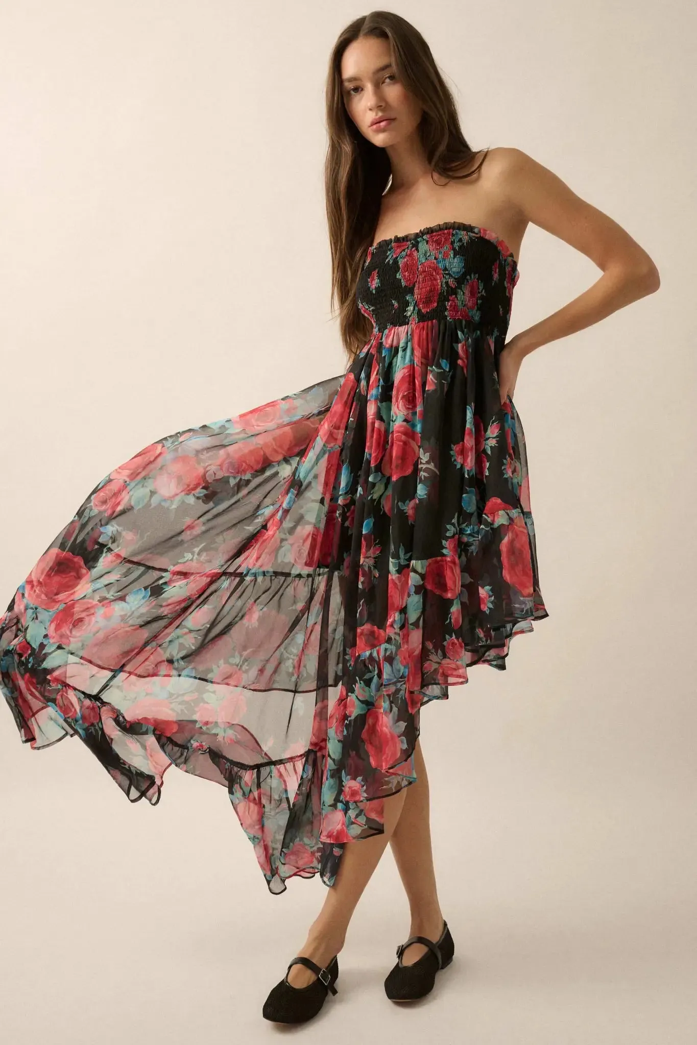 Rose Bouquet Strapless Asymmetrical Floral Dress sold by Promesa product image thumbnail 5