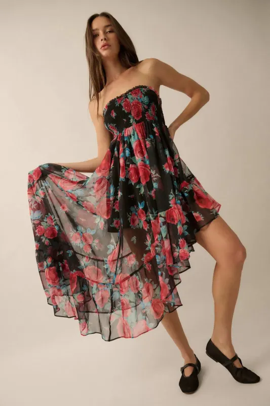 Rose Bouquet Strapless Asymmetrical Floral Dress sold by Promesa