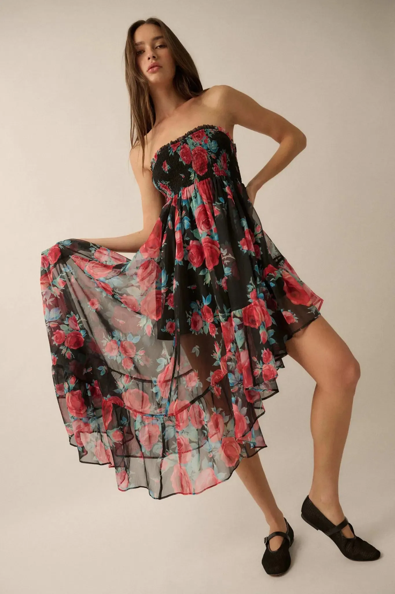 Rose Bouquet Strapless Asymmetrical Floral Dress sold by Promesa
