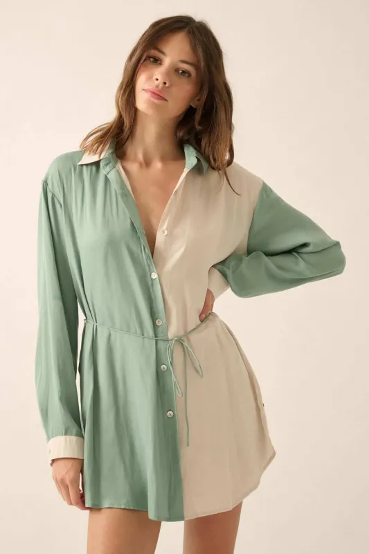 Double Shift Two-Tone Matte Satin Shirt Romper sold by Promesa