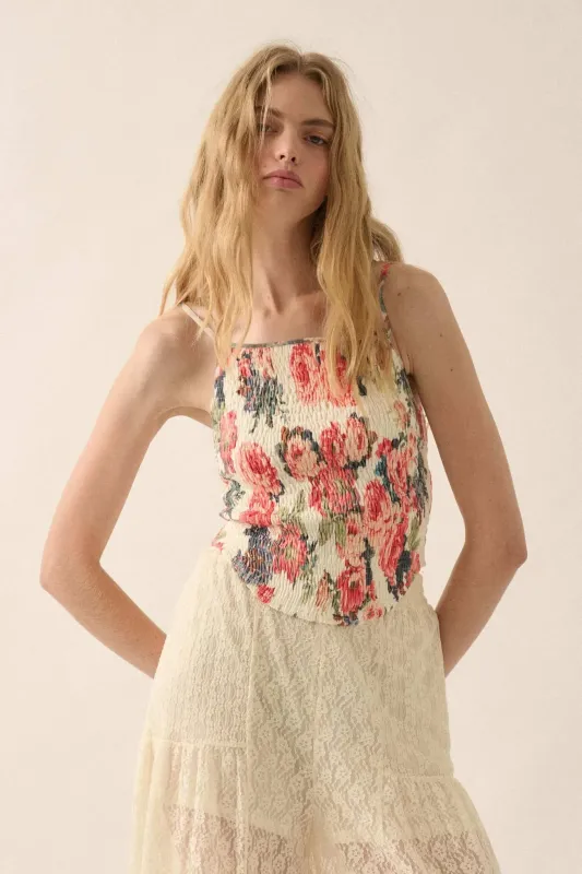 Exquisite Blooms Smocked Floral Mesh Cami Top sold by Promesa