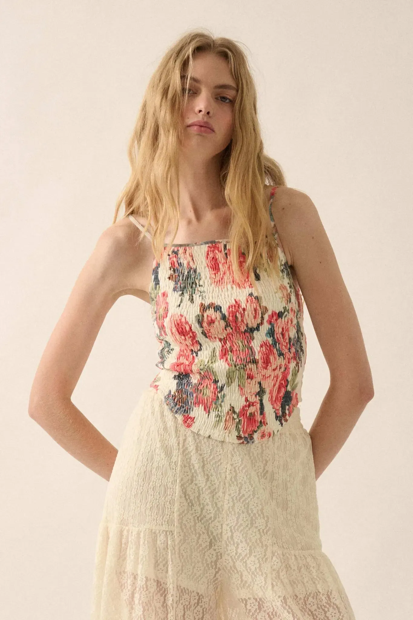Exquisite Blooms Smocked Floral Mesh Cami Top sold by Promesa