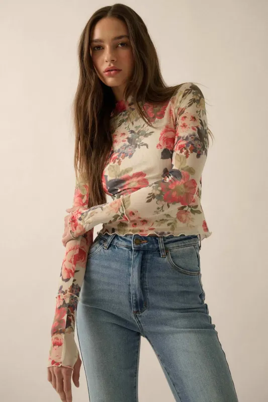 In Bloom Floral Mesh Mock-Neck Thumbhole Top sold by Promesa