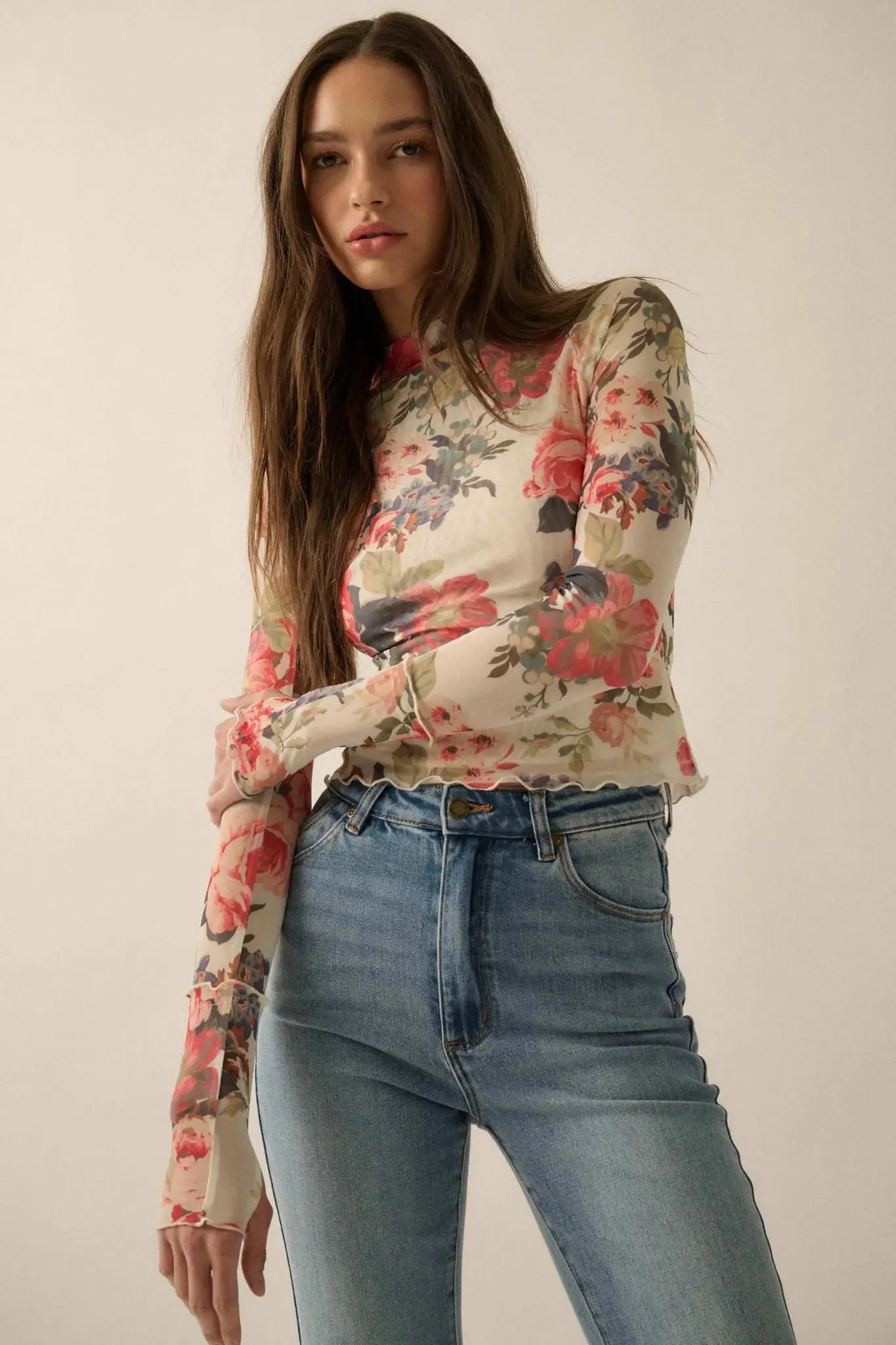 In Bloom Floral Mesh Mock-Neck Thumbhole Top sold by Promesa