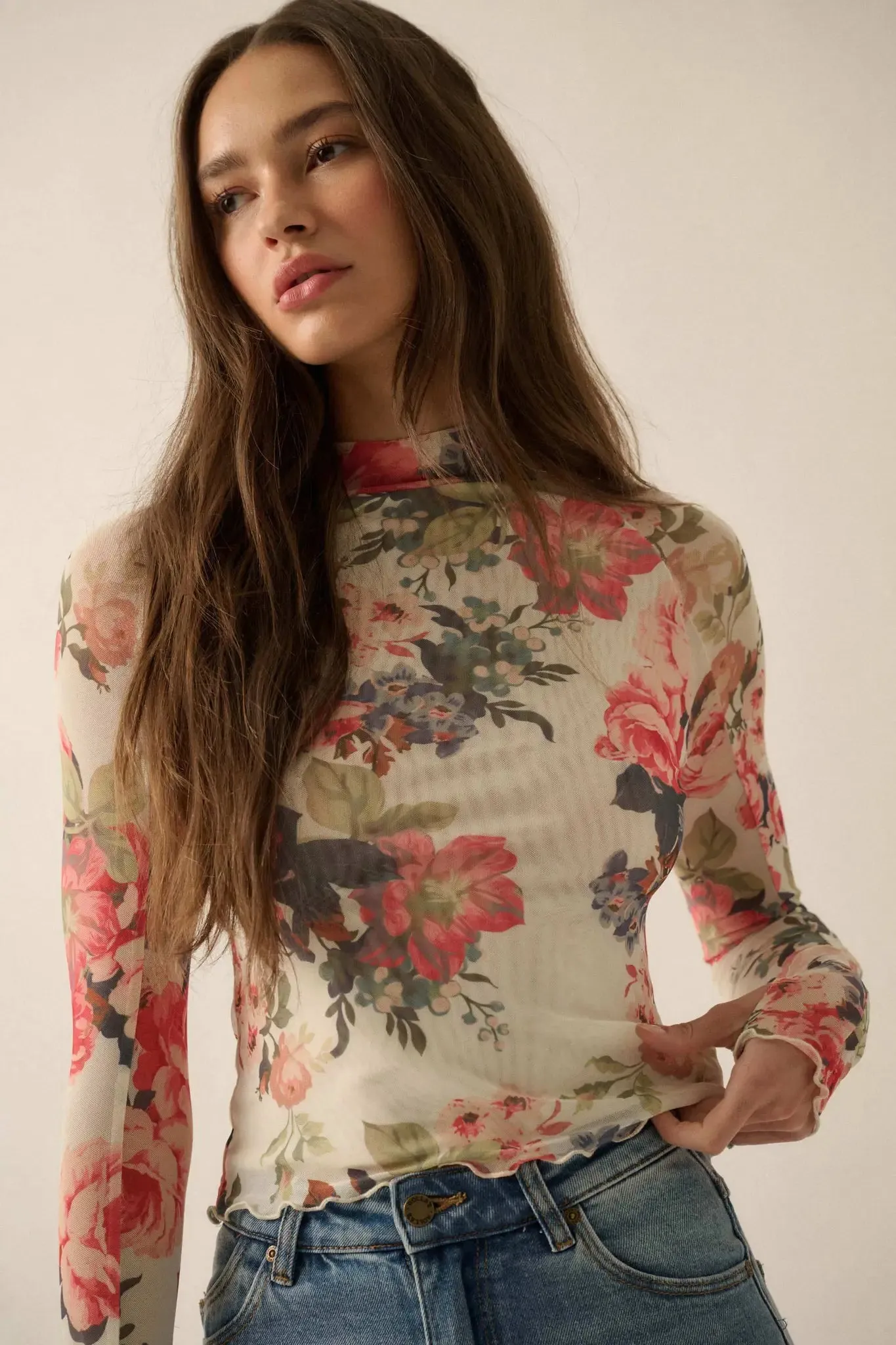 In Bloom Floral Mesh Mock-Neck Thumbhole Top sold by Promesa product image thumbnail 3