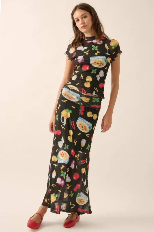 Molto Delizioso Printed Mesh Foldover Maxi Skirt sold by Promesa