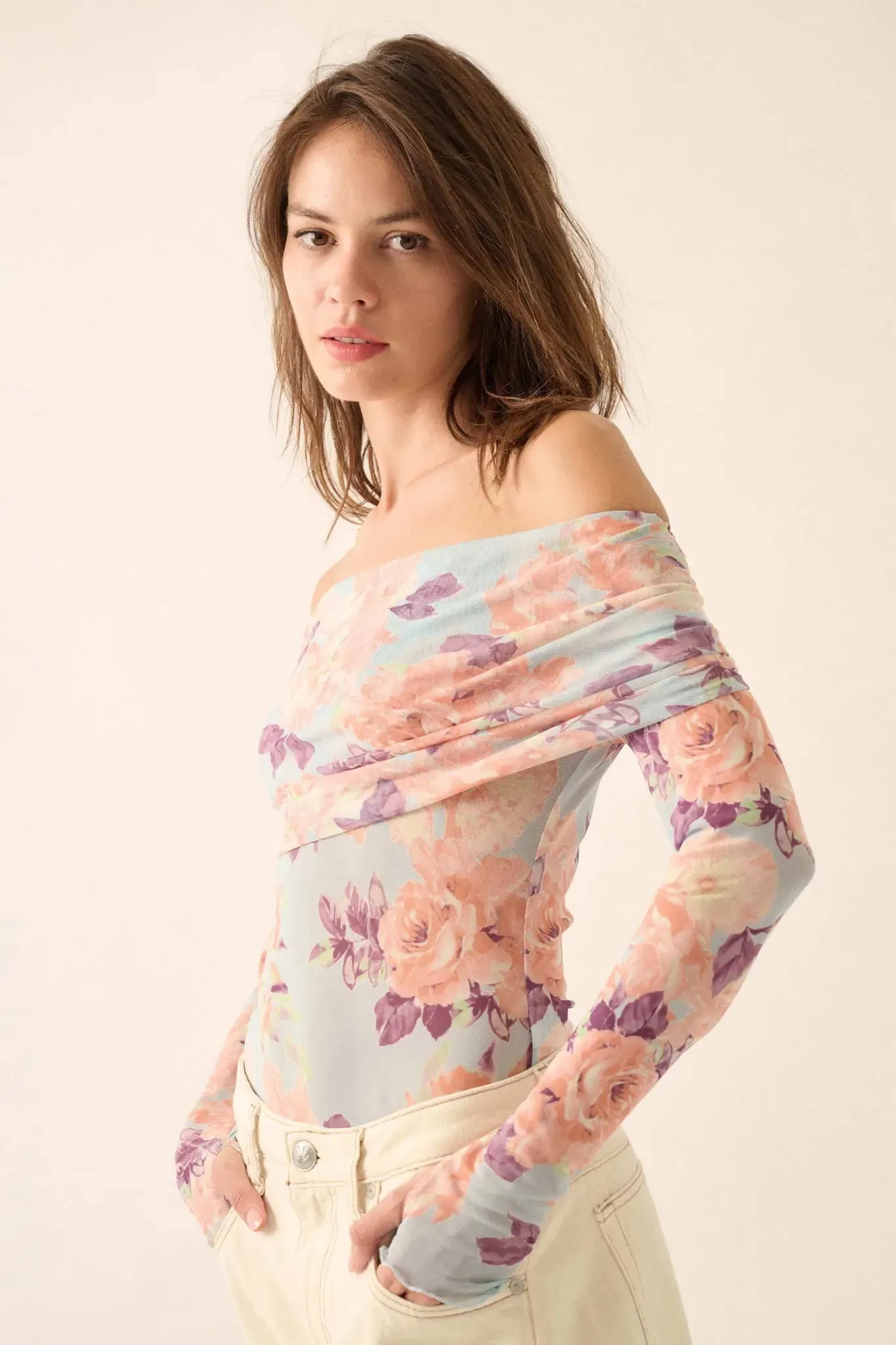 Floral Embrace Floral Mesh Foldover Bodysuit sold by Promesa product image thumbnail 5