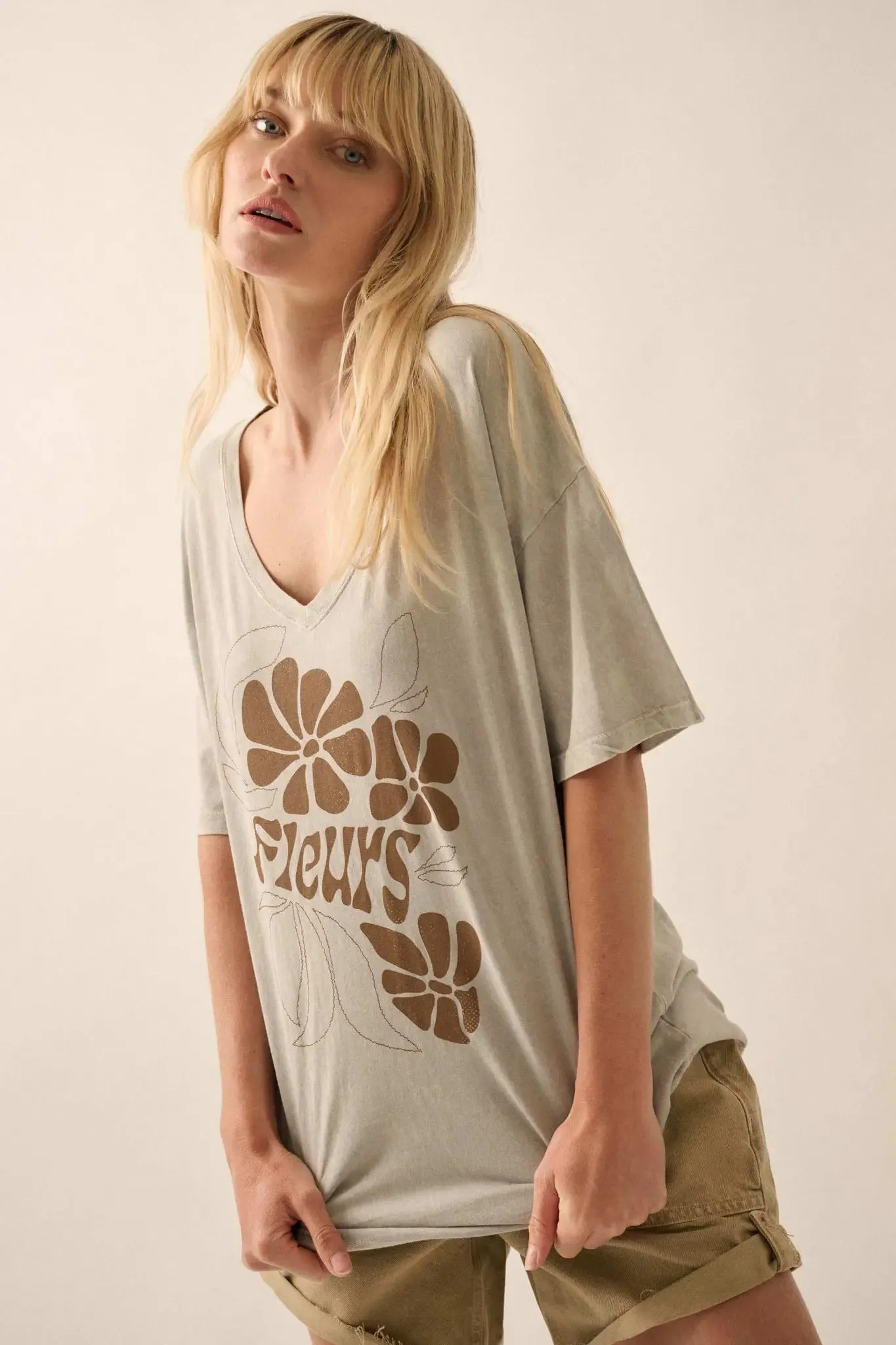 Fleurs Vintage-Wash V-Neck Graphic Tee sold by Promesa