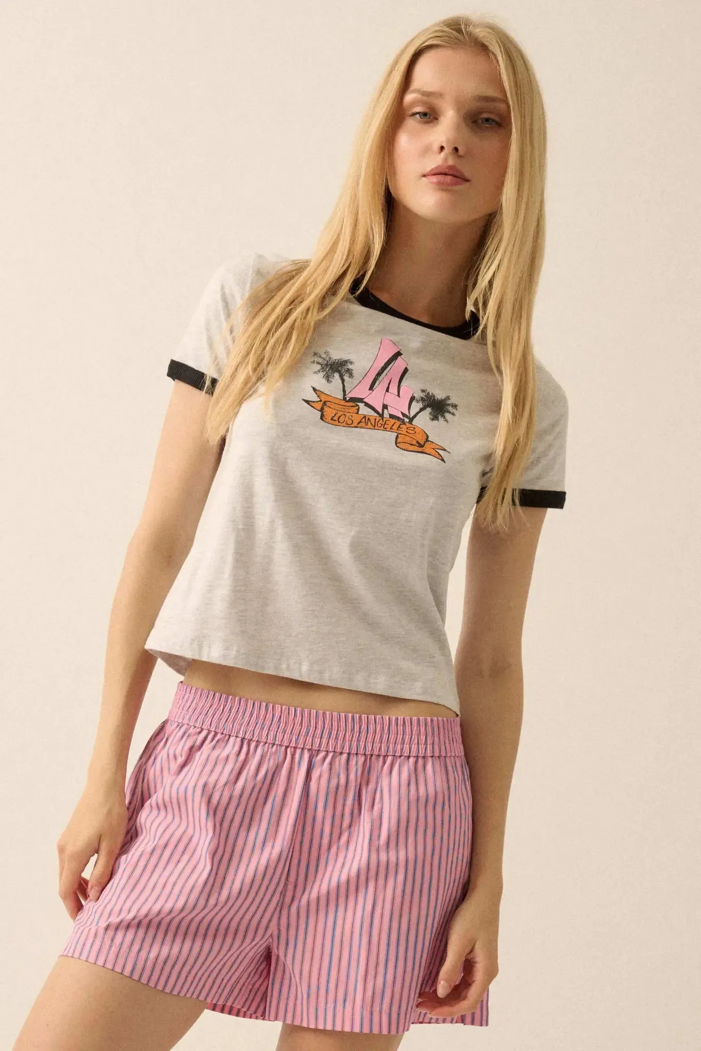 LA Vibes Vintage-Print Graphic Ringer Tee sold by Promesa product image thumbnail 3