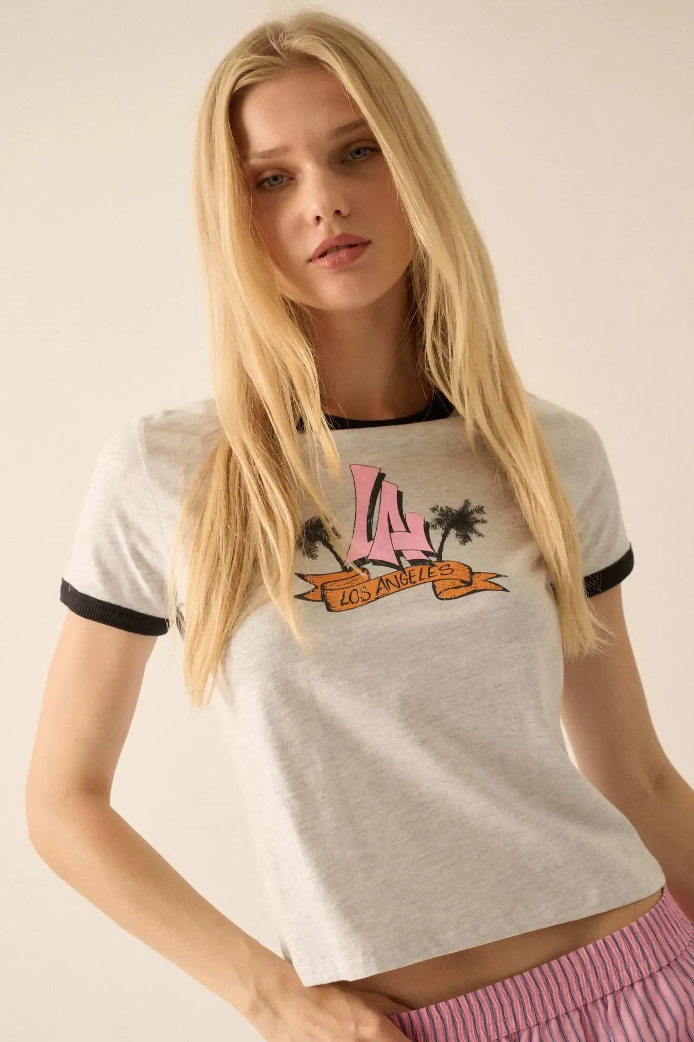 LA Vibes Vintage-Print Graphic Ringer Tee sold by Promesa product image thumbnail 5