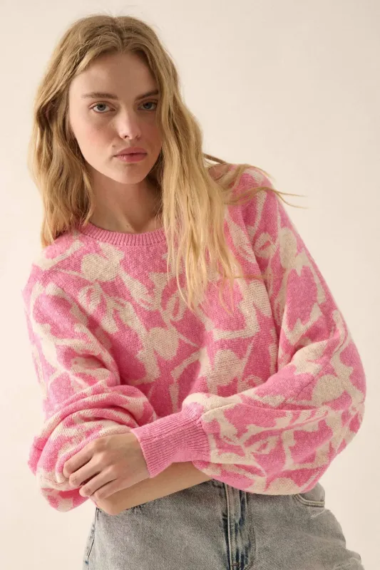 Abstract Garden Floral Jacquard Cropped Sweater sold by Promesa