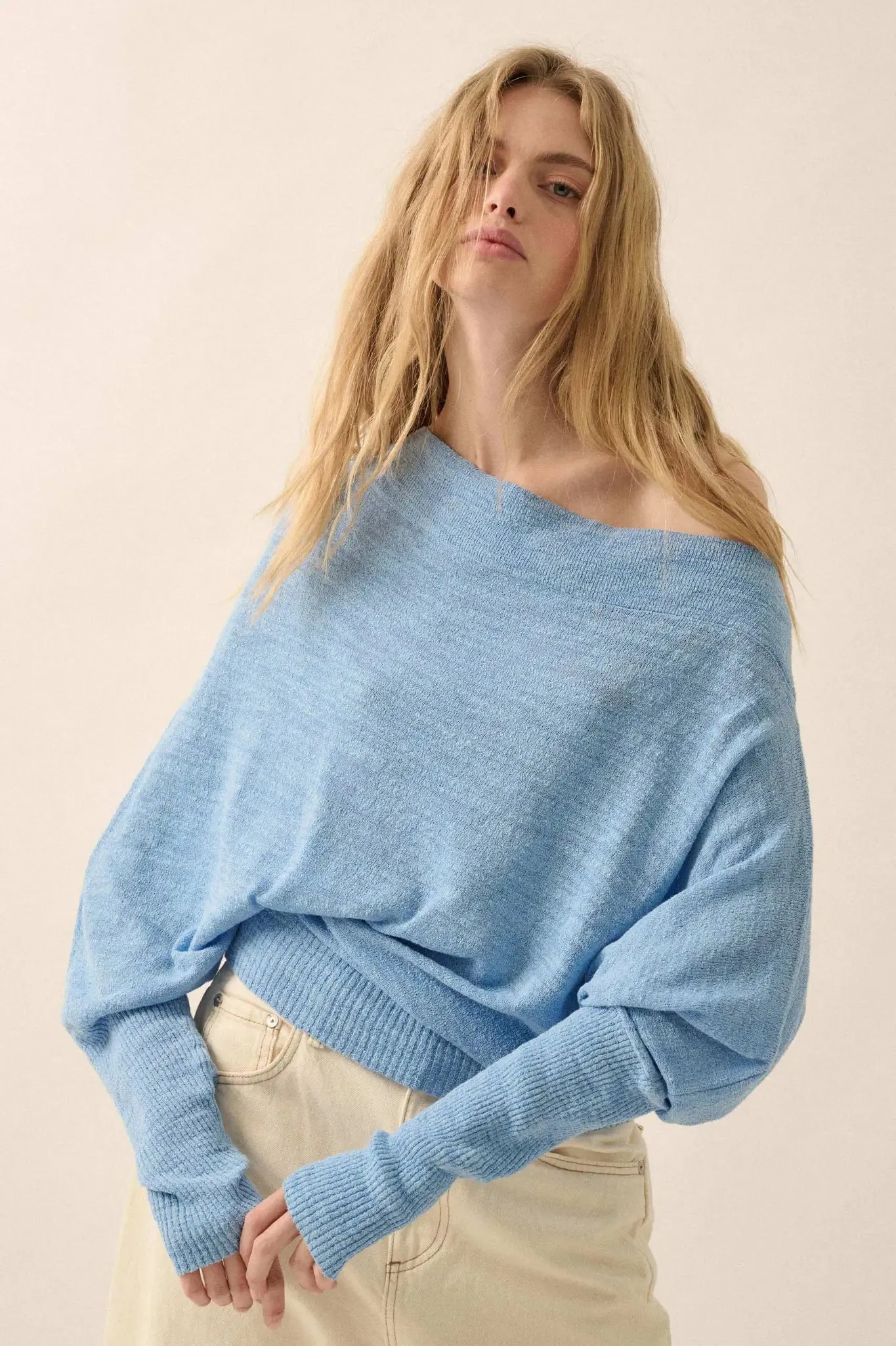 Too Blessed One-Shoulder Slub-Knit Dolman Sweater sold by Promesa product image thumbnail 5