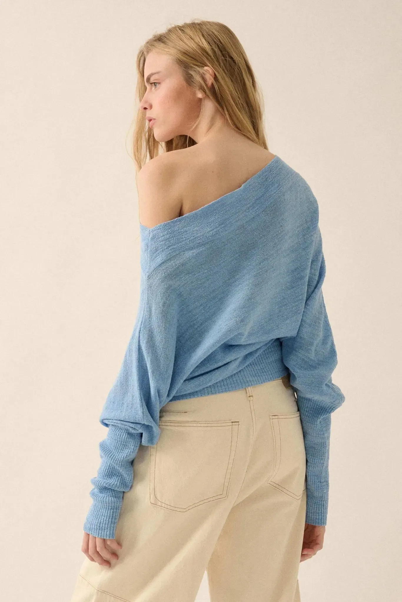 Too Blessed One-Shoulder Slub-Knit Dolman Sweater sold by Promesa product image thumbnail 2