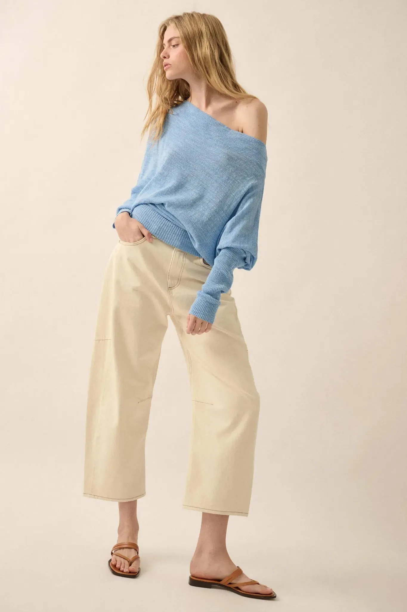 Too Blessed One-Shoulder Slub-Knit Dolman Sweater sold by Promesa product image thumbnail 3