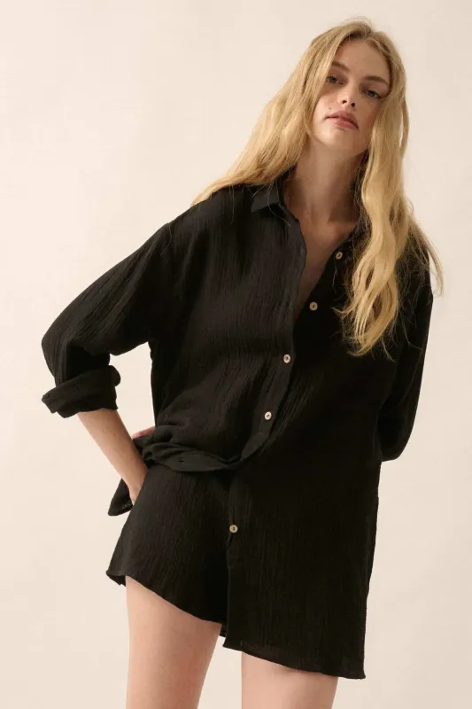 Off the Clock Crinkle Cotton Button-Up Shirt Romper sold by Promesa