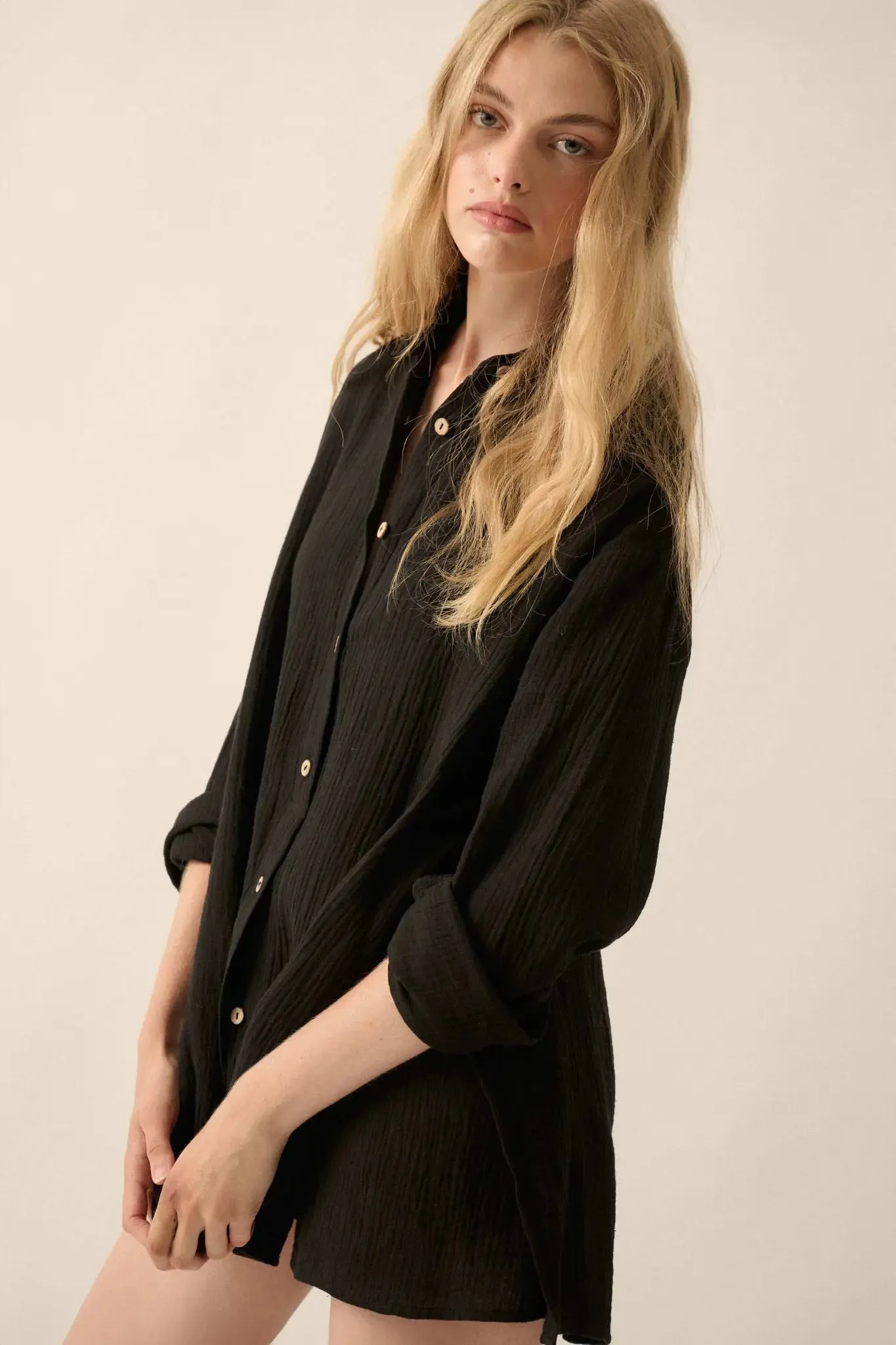 Off the Clock Crinkle Cotton Button-Up Shirt Romper sold by Promesa product image thumbnail 5