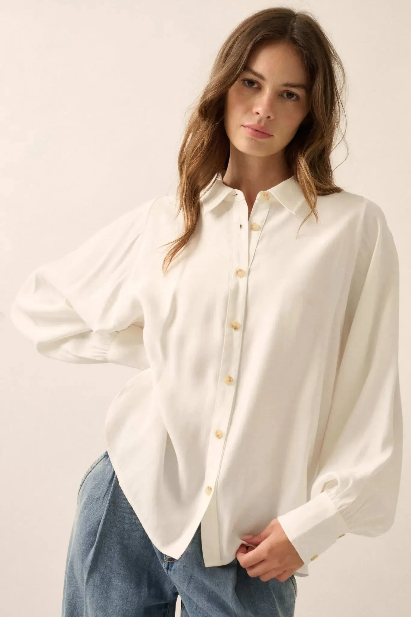 Take Charge Solid Loose-Fit Button-Up Shirt sold by Promesa