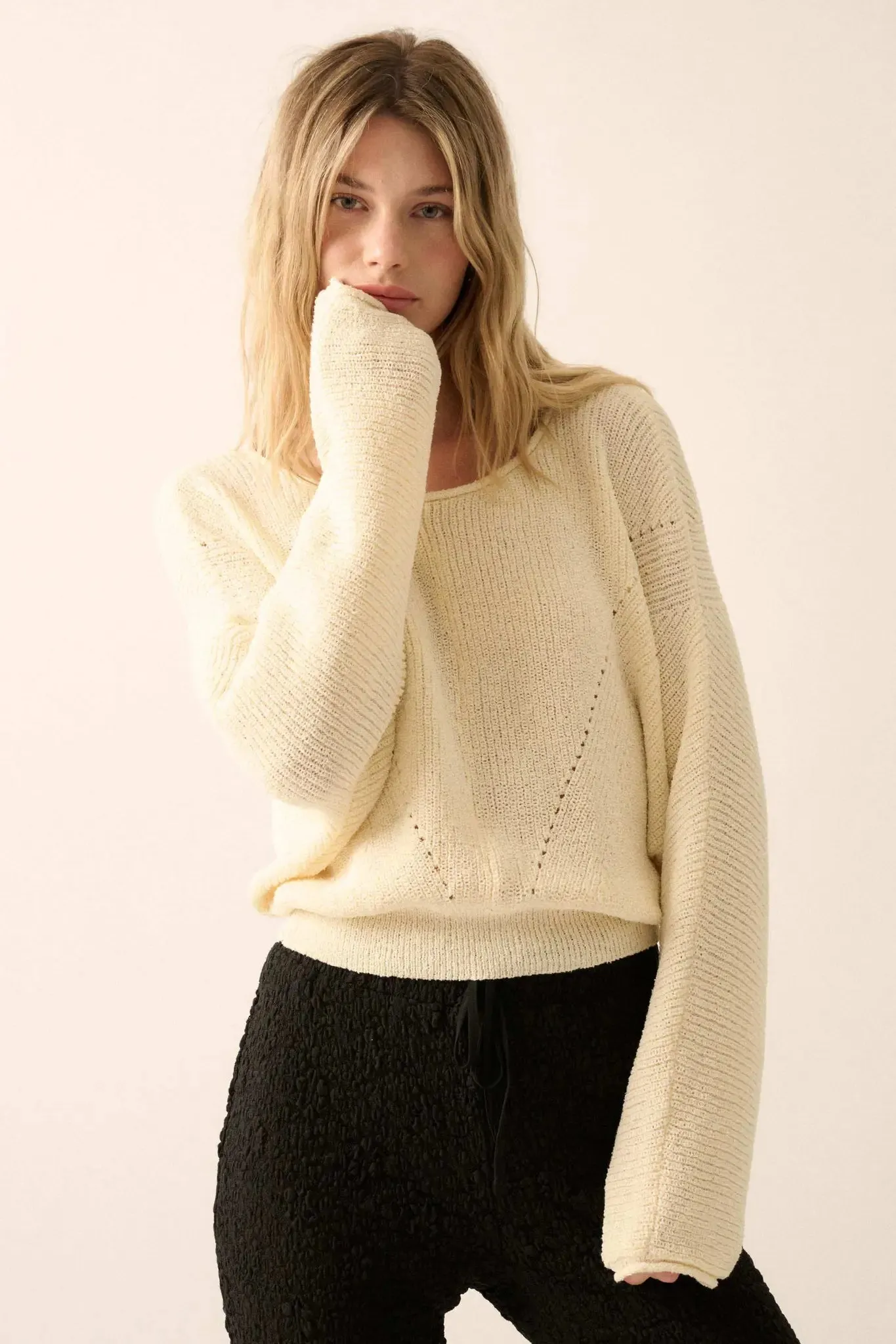 Stay True Rolled Edge Pointelle Rib-Knit Sweater sold by Promesa