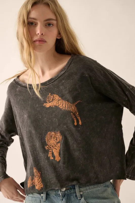 Tiger Trio Cropped Long-Sleeve Graphic Tee sold by Promesa