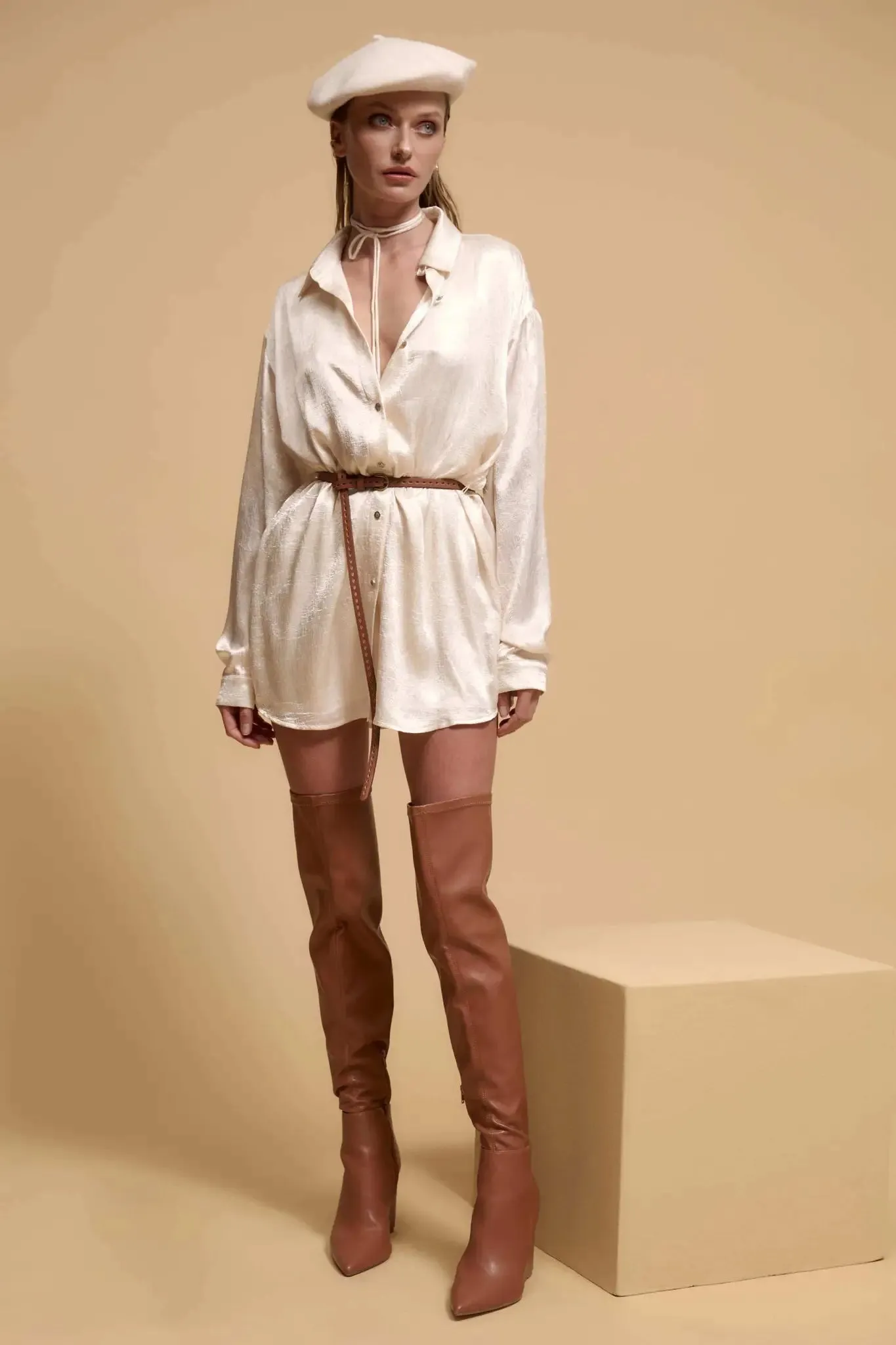 Luxe Aesthetic Textured Satin Belted Shirt Romper sold by Promesa product image thumbnail 2