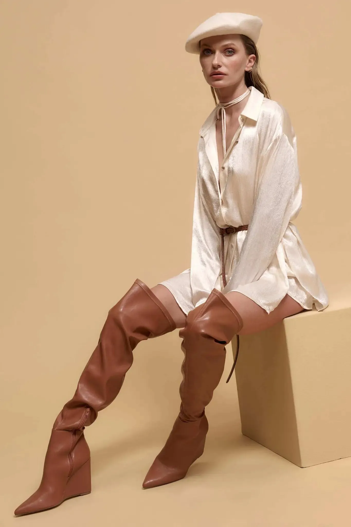 Luxe Aesthetic Textured Satin Belted Shirt Romper sold by Promesa product image thumbnail 4