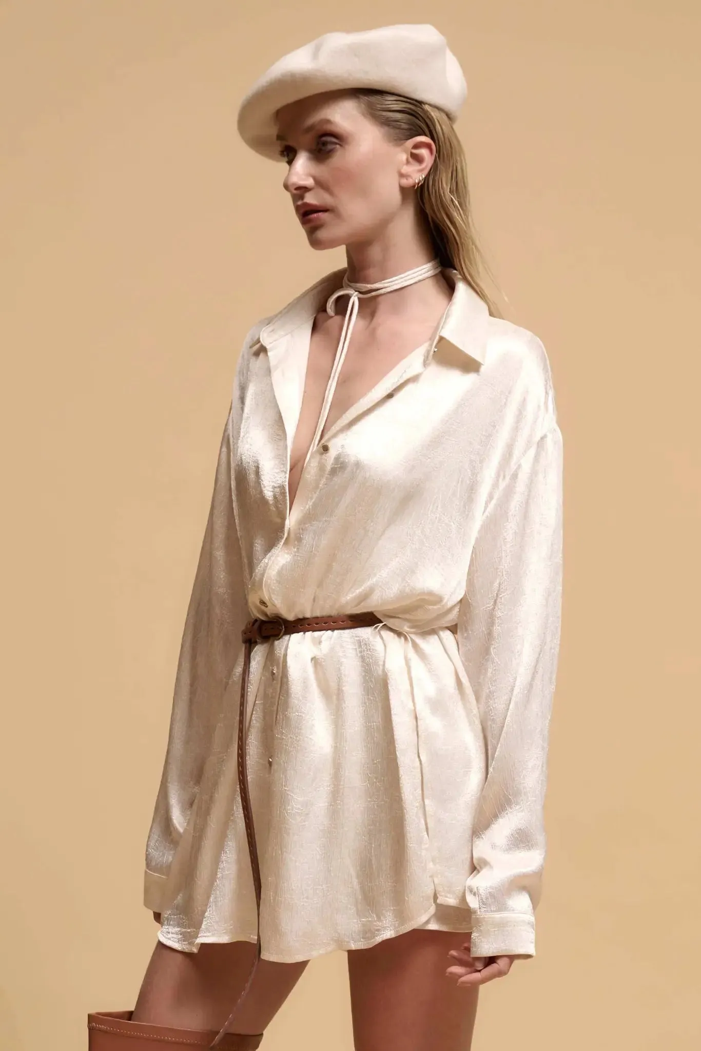 Luxe Aesthetic Textured Satin Belted Shirt Romper sold by Promesa product image thumbnail 5