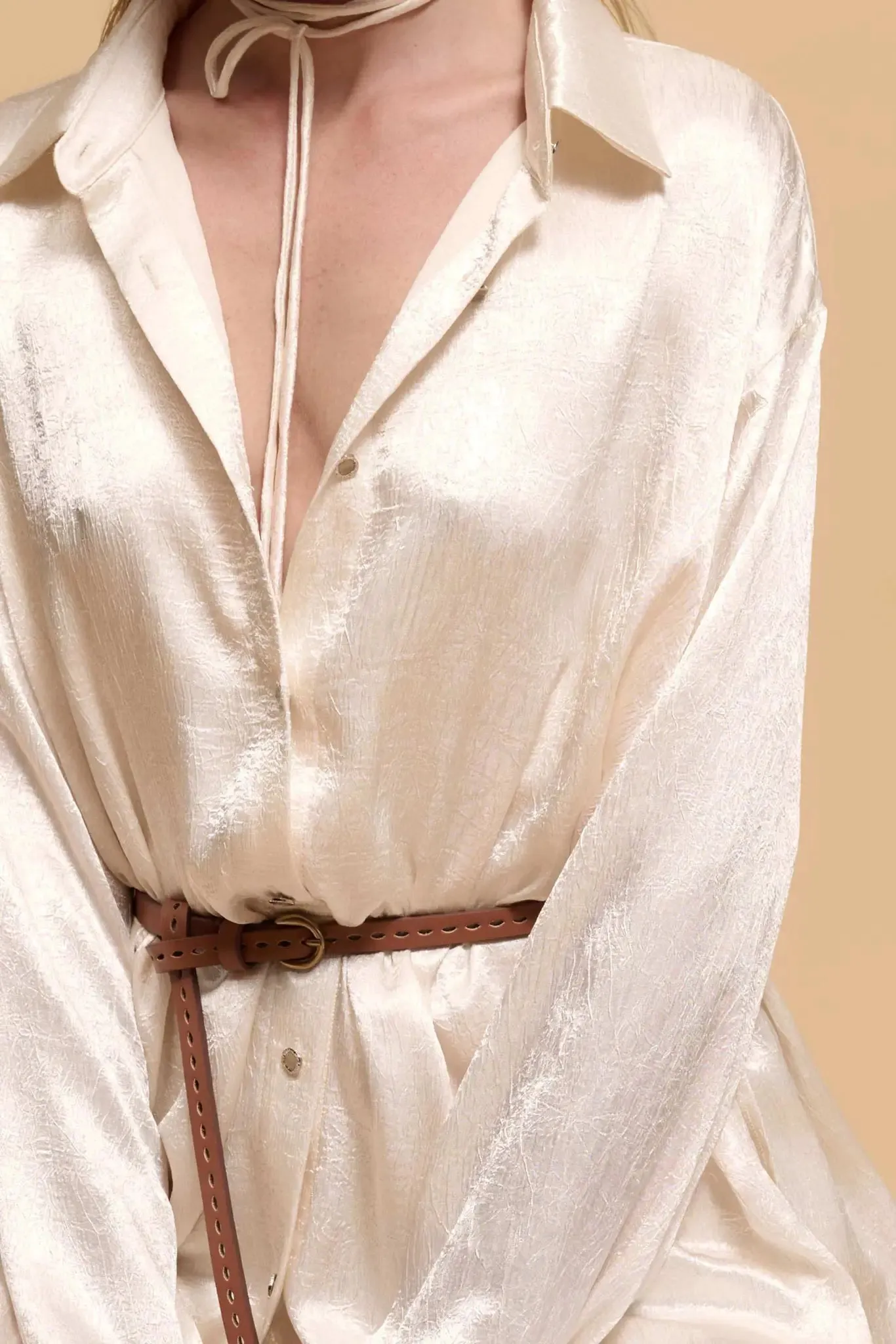 Luxe Aesthetic Textured Satin Belted Shirt Romper sold by Promesa product image thumbnail 3