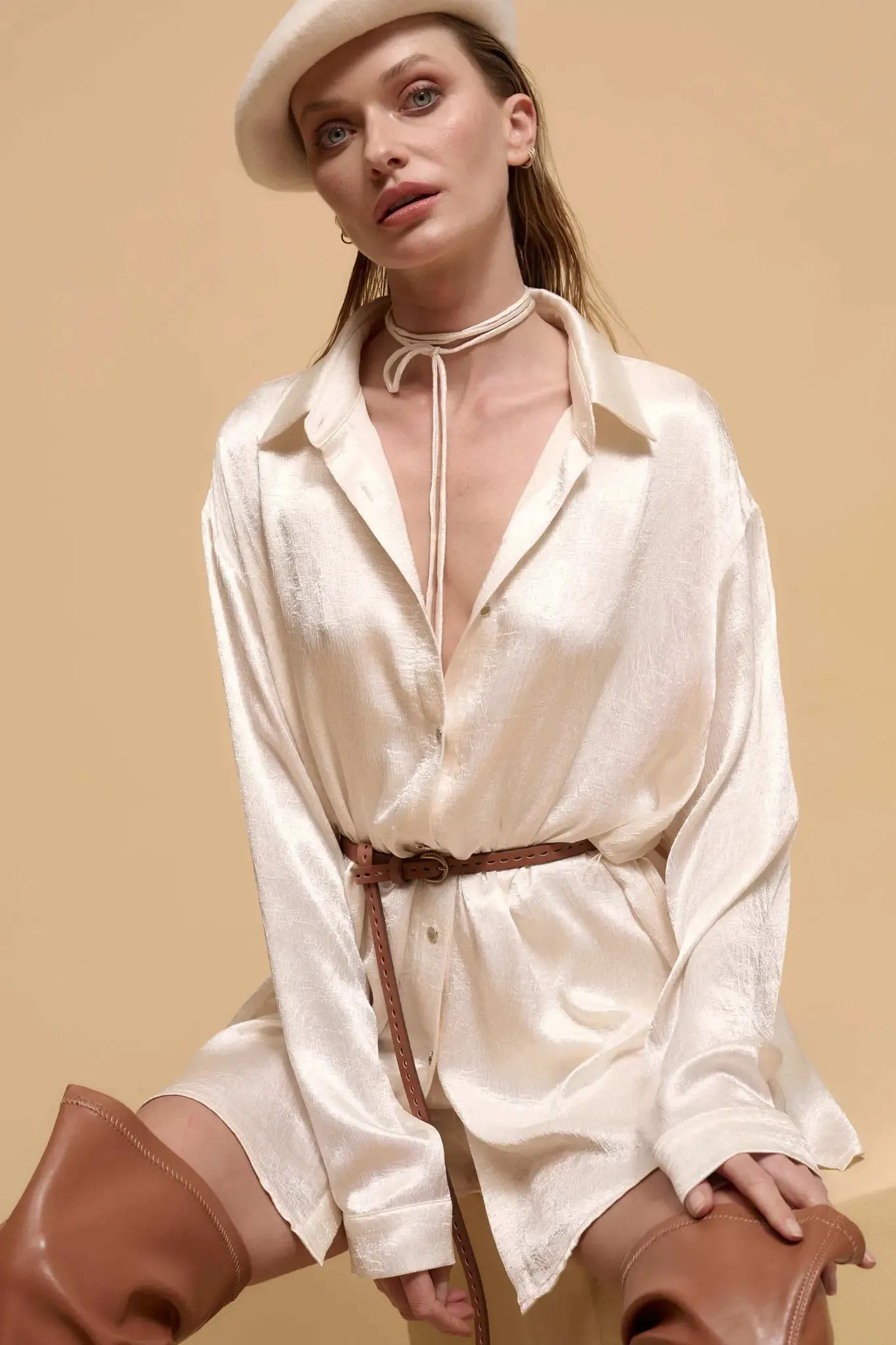 Luxe Aesthetic Textured Satin Belted Shirt Romper sold by Promesa