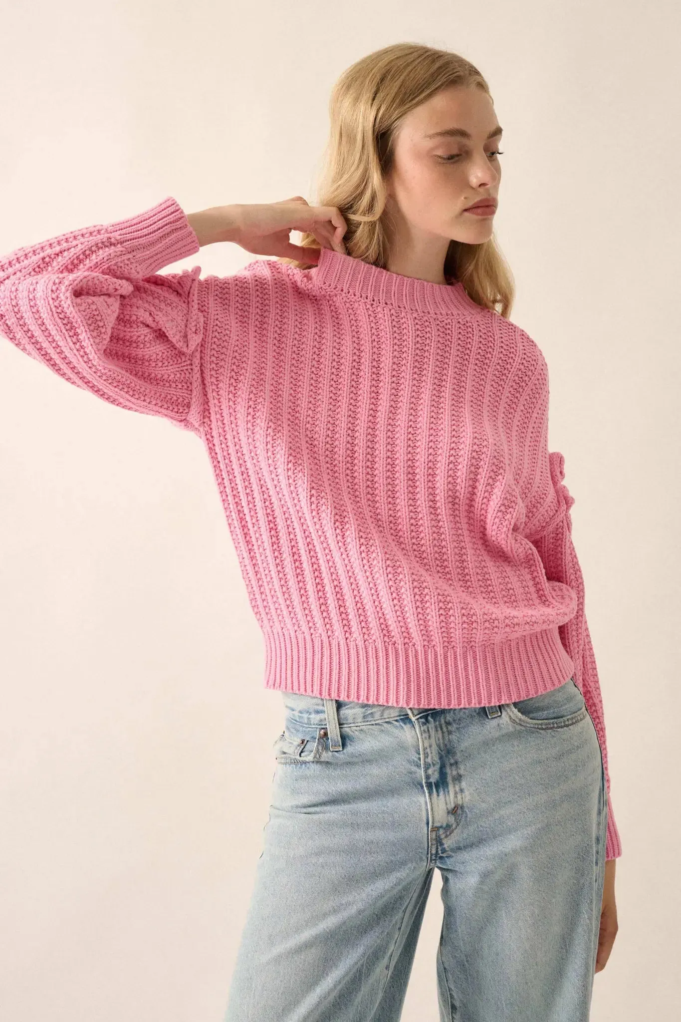 Gracious Heart Chunky Knit Pleated-Sleeve Sweater sold by Promesa