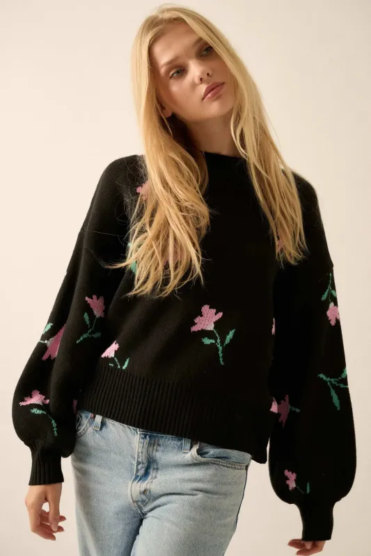 Plush Garden Floral Jacquard Bubble-Sleeve Sweater made by Promesa