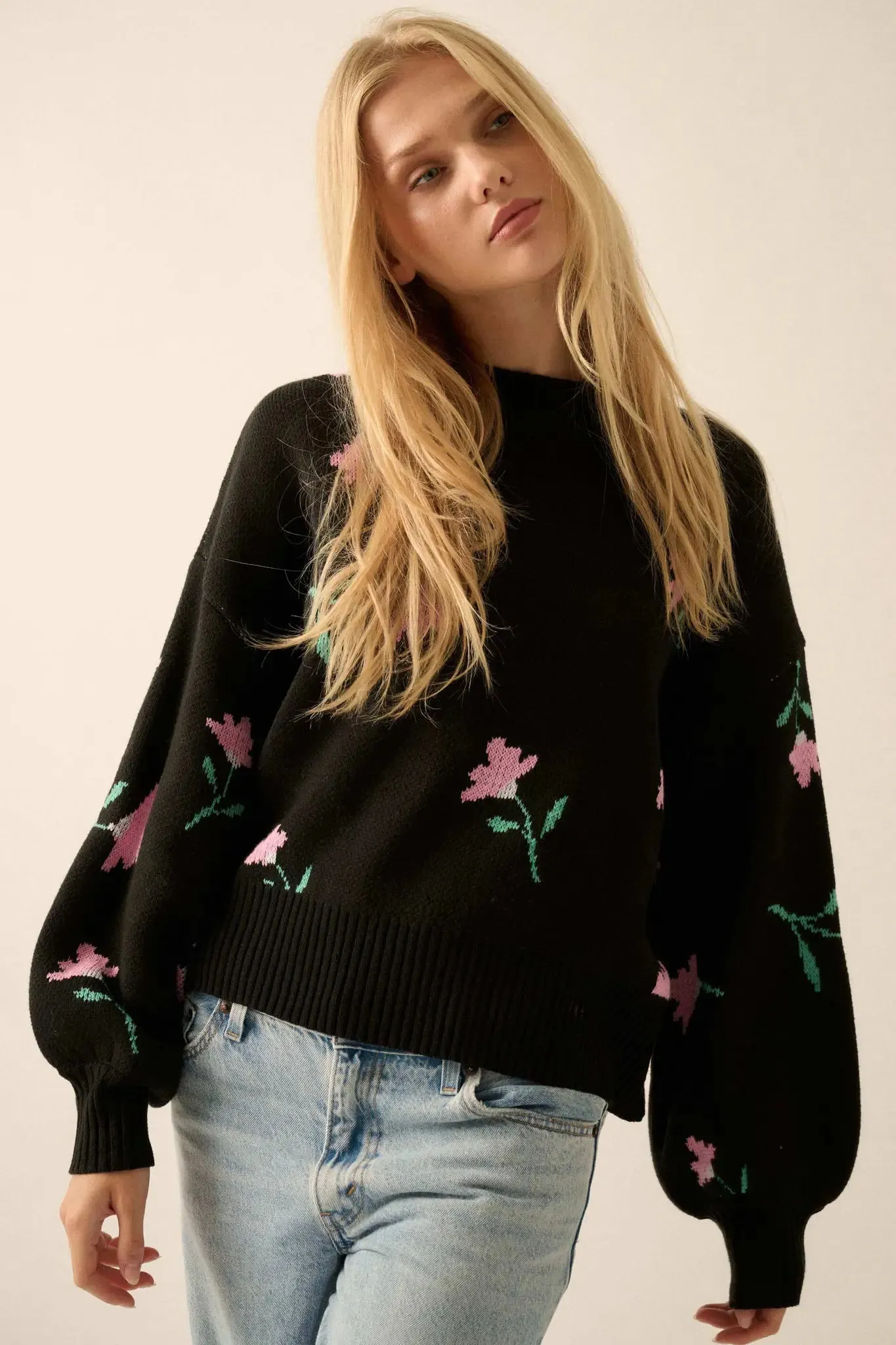 Plush Garden Floral Jacquard Bubble-Sleeve Sweater sold by Promesa
