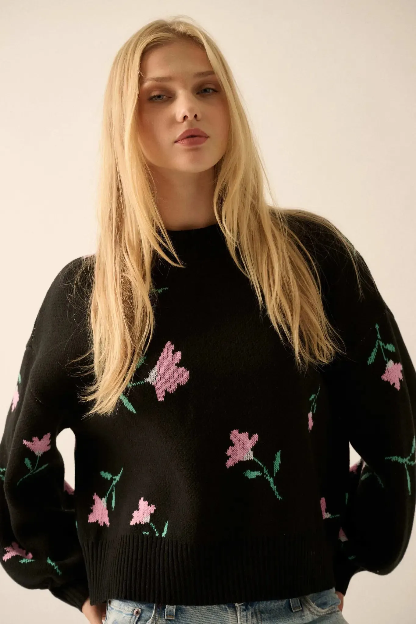 Plush Garden Floral Jacquard Bubble-Sleeve Sweater sold by Promesa product image thumbnail 4
