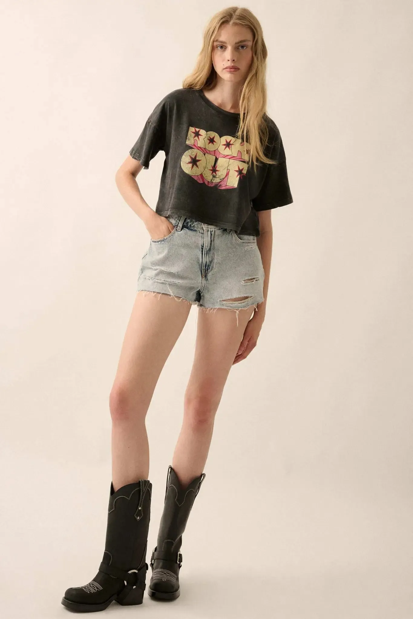 Rock Out Cropped Vintage-Wash Graphic Tee sold by Promesa product image thumbnail 4