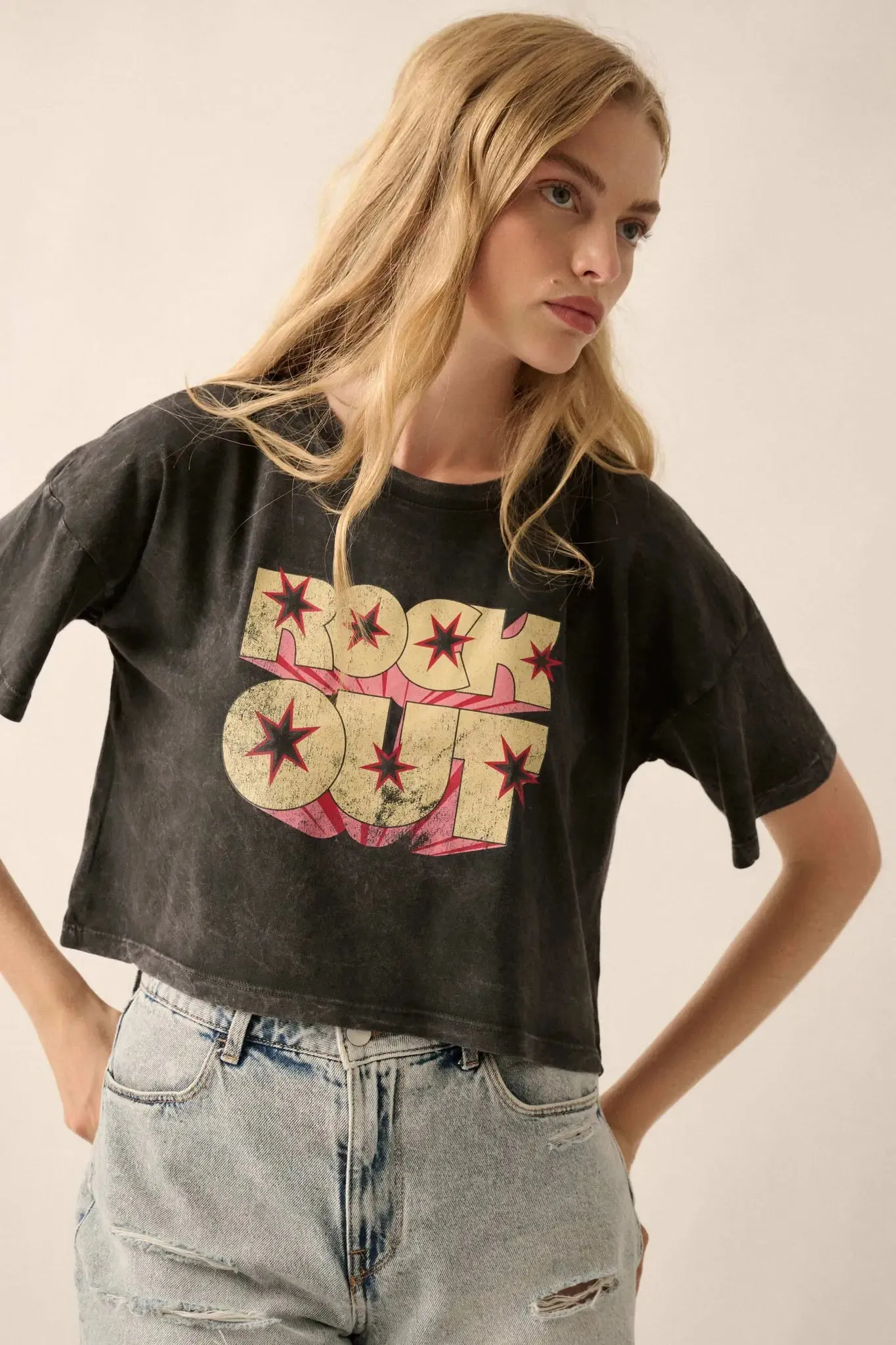 Rock Out Cropped Vintage-Wash Graphic Tee sold by Promesa product image thumbnail 5